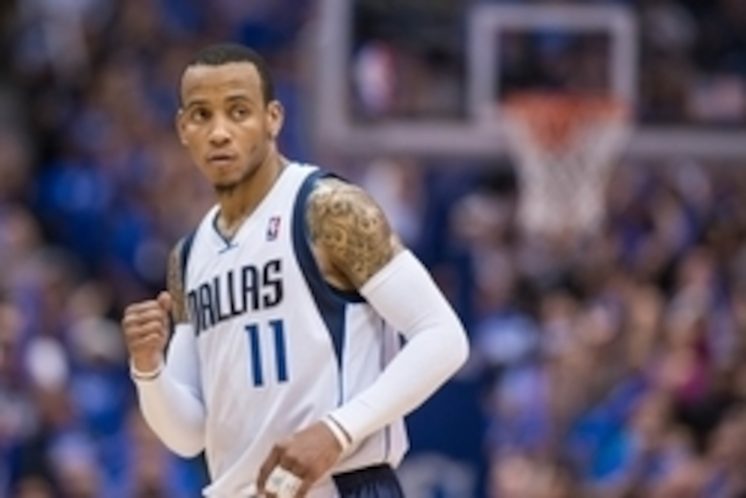 May 2, 2014; Dallas, TX, USA; Dallas Mavericks guard Monta Ellis (11) reacts to his team taking the lead against the San Antonio Spurs during the second half in game six of the first round of the 2014 NBA Playoffs at American Airlines Center. Ellis leads