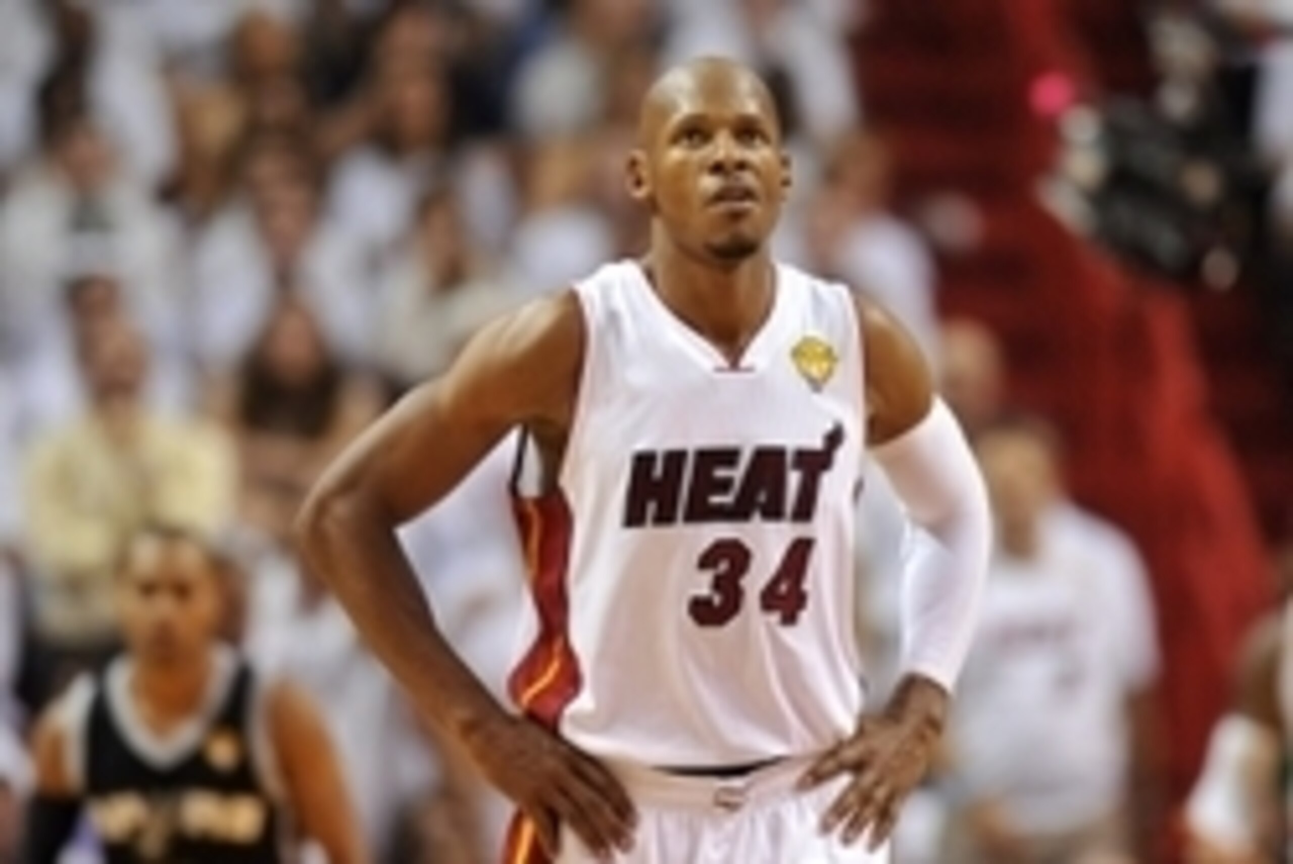 Jun 10, 2014; Miami, FL, USA; Miami Heat guard Ray Allen (34) reacts during the fourth quarter of game three of the 2014 NBA Finals against the San Antonio Spurs at American Airlines Arena. Mandatory Credit: Steve Mitchell-USA TODAY Sports Jun 10, 2014; Miami, FL, USA; Miami Heat guard Ray Allen (34) reacts during the fourth quarter of game three of the 2014 NBA Finals against the San Antonio Spurs at American Airlines Arena. Mandatory Credit: Steve Mitchell-USA TODAY Sports