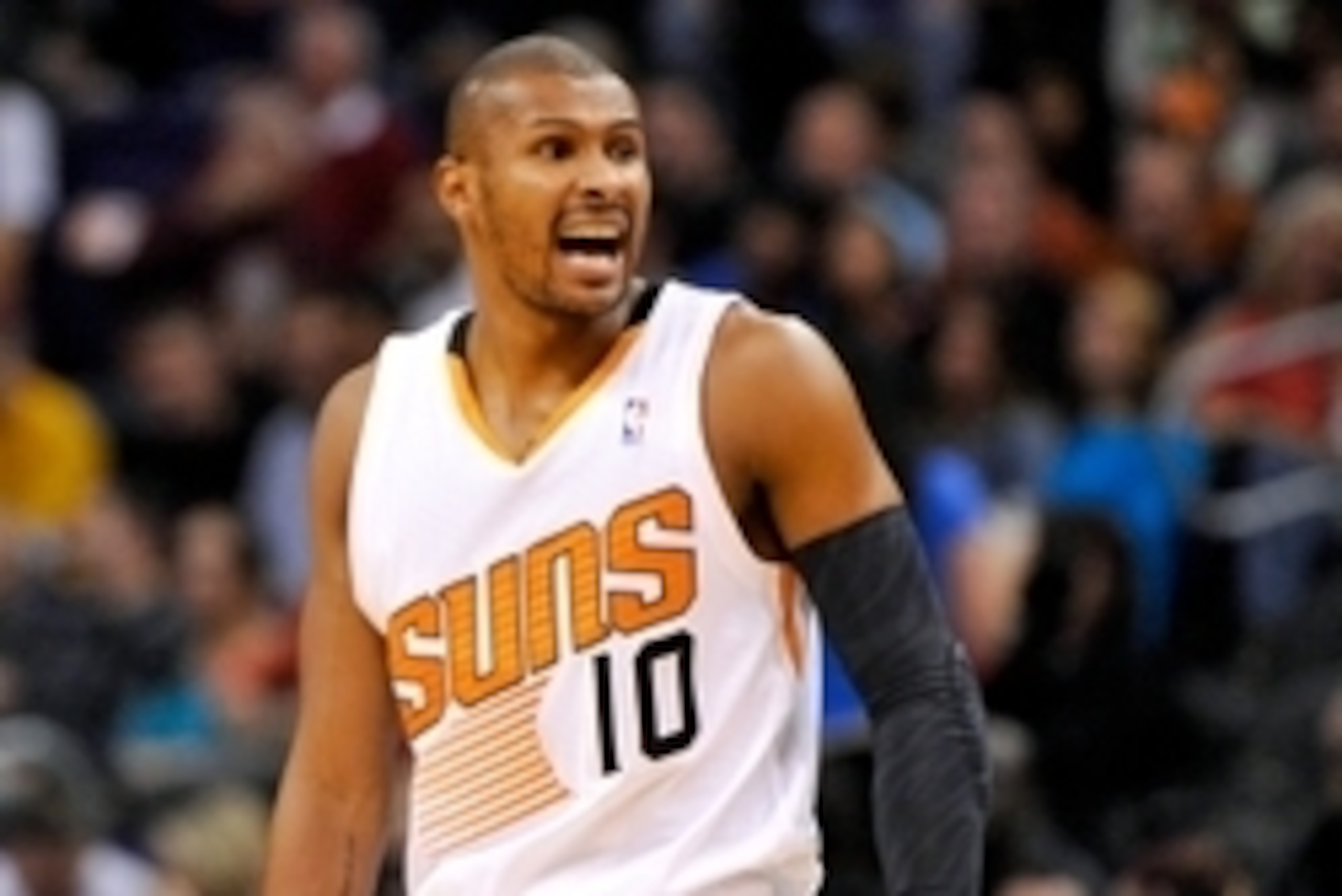 Feb 8, 2014; Phoenix, AZ, USA; Phoenix Suns guard Leandro Barbosa (10) reacts during the second quarter against the Golden State Warriors at US Airways Center. The Suns won 122-109. Mandatory Credit: Casey Sapio-USA TODAY Sports Feb 8, 2014; Phoenix, AZ, USA; Phoenix Suns guard Leandro Barbosa (10) reacts during the second quarter against the Golden State Warriors at US Airways Center. The Suns won 122-109. Mandatory Credit: Casey Sapio-USA TODAY Sports