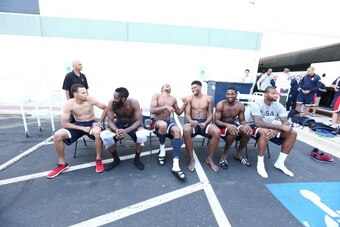 CHICAGO, IL - AUGUST 15: Stephen Curry, James Harden, DeMar DeRozan, Rudy Gay, Kenneth Faried and DeMarcus Cousins of the USA Basketball Men's National Team accepts the ALS Ice Bucket Challenge after practice at the Quest MultiSport Facility on August 15,