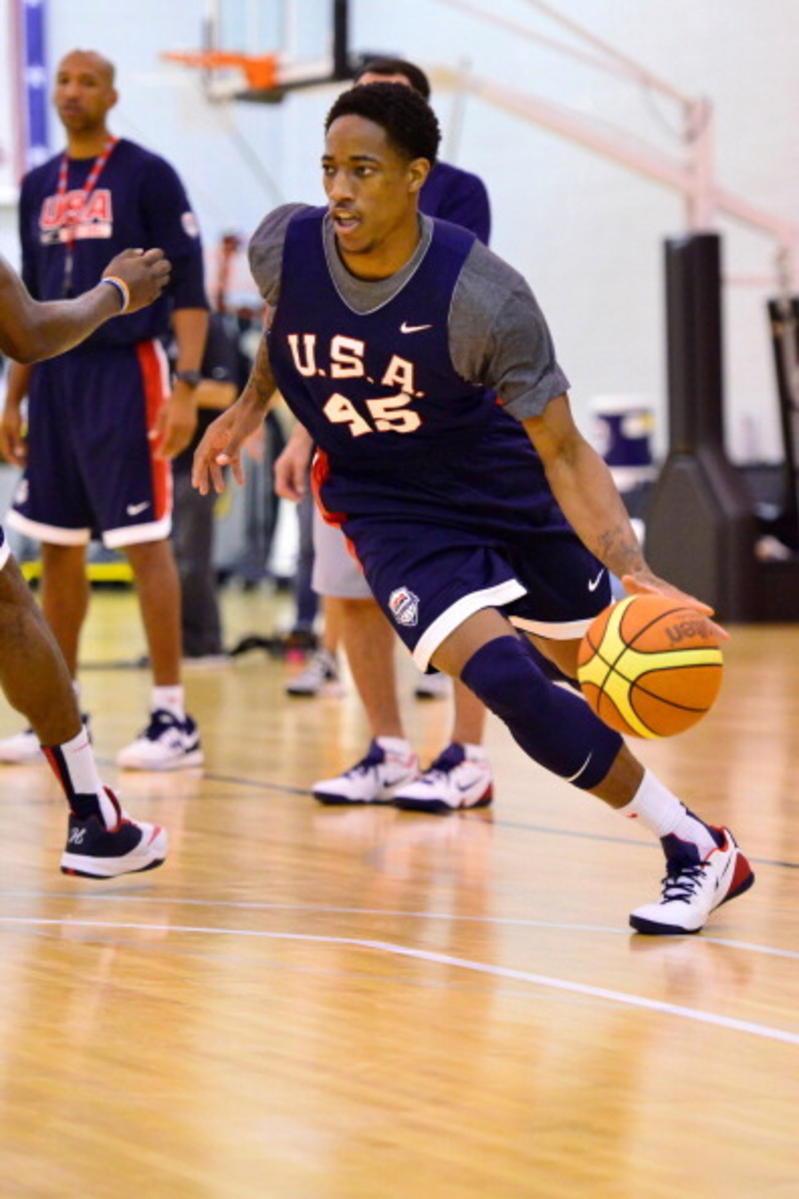 EAST RUTHERFORD, NJ - AUGUST 19: DeMar DeRozan #45 of the USA Basketball Men's National Team dribbles during practice on August 19, 2014 at the PNY Center in East Rutherford, New Jersey. NOTE TO USER: User expressly acknowledges and agrees that, by downlo
