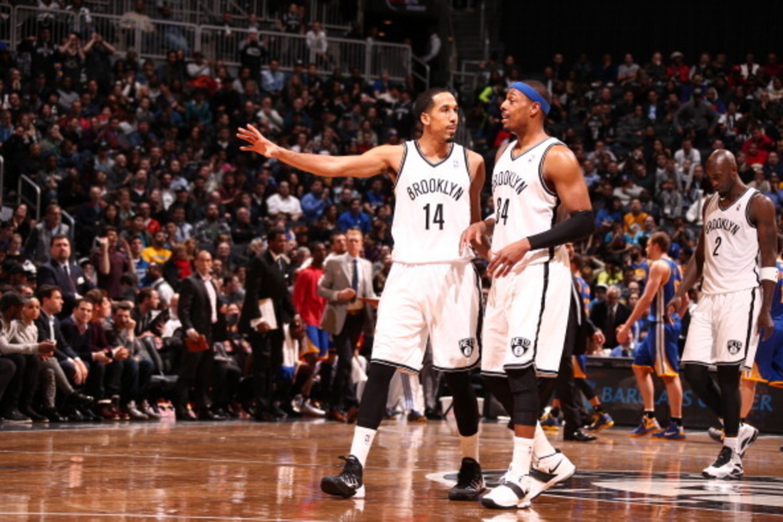 NEW YORK, NY - JANUARY 08: Shaun Livingston #14 of the Brooklyn Nets and Paul Pierce #34 of the Brooklyn Nets discuss play against the Golden State Warriors during a game at the Barclays Center on January 8, 2014 in the Brooklyn borough of New York City. NEW YORK, NY - JANUARY 08: Shaun Livingston #14 of the Brooklyn Nets and Paul Pierce #34 of the Brooklyn Nets discuss play against the Golden State Warriors during a game at the Barclays Center on January 8, 2014 in the Brooklyn borough of New York City.