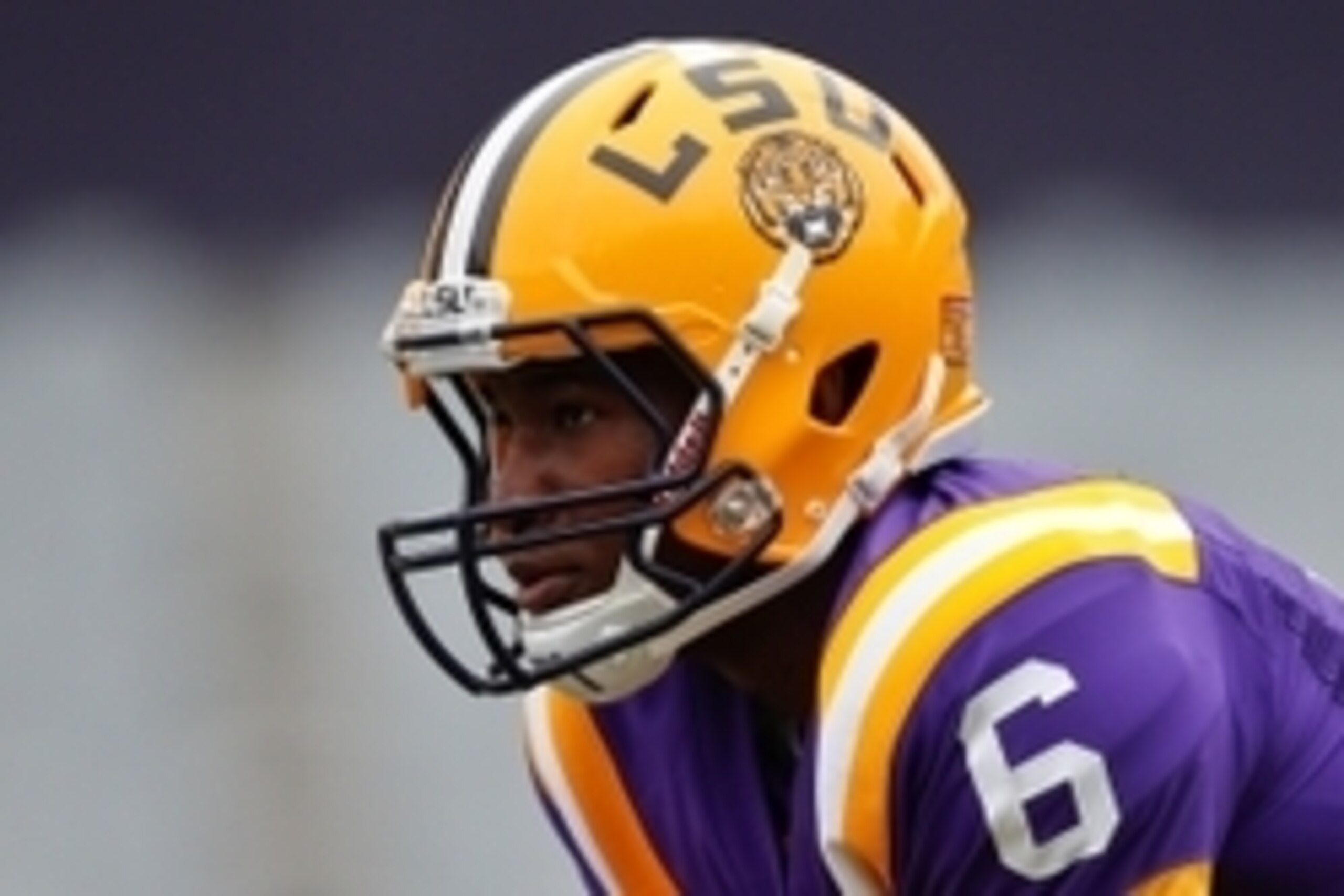 Apr 5, 2014; Baton Rouge, LA, USA; LSU Tigers quarterback Brandon Harris (6) during the 2014 spring game at Tiger Stadium. Mandatory Credit: Derick E. Hingle-USA TODAY Sports