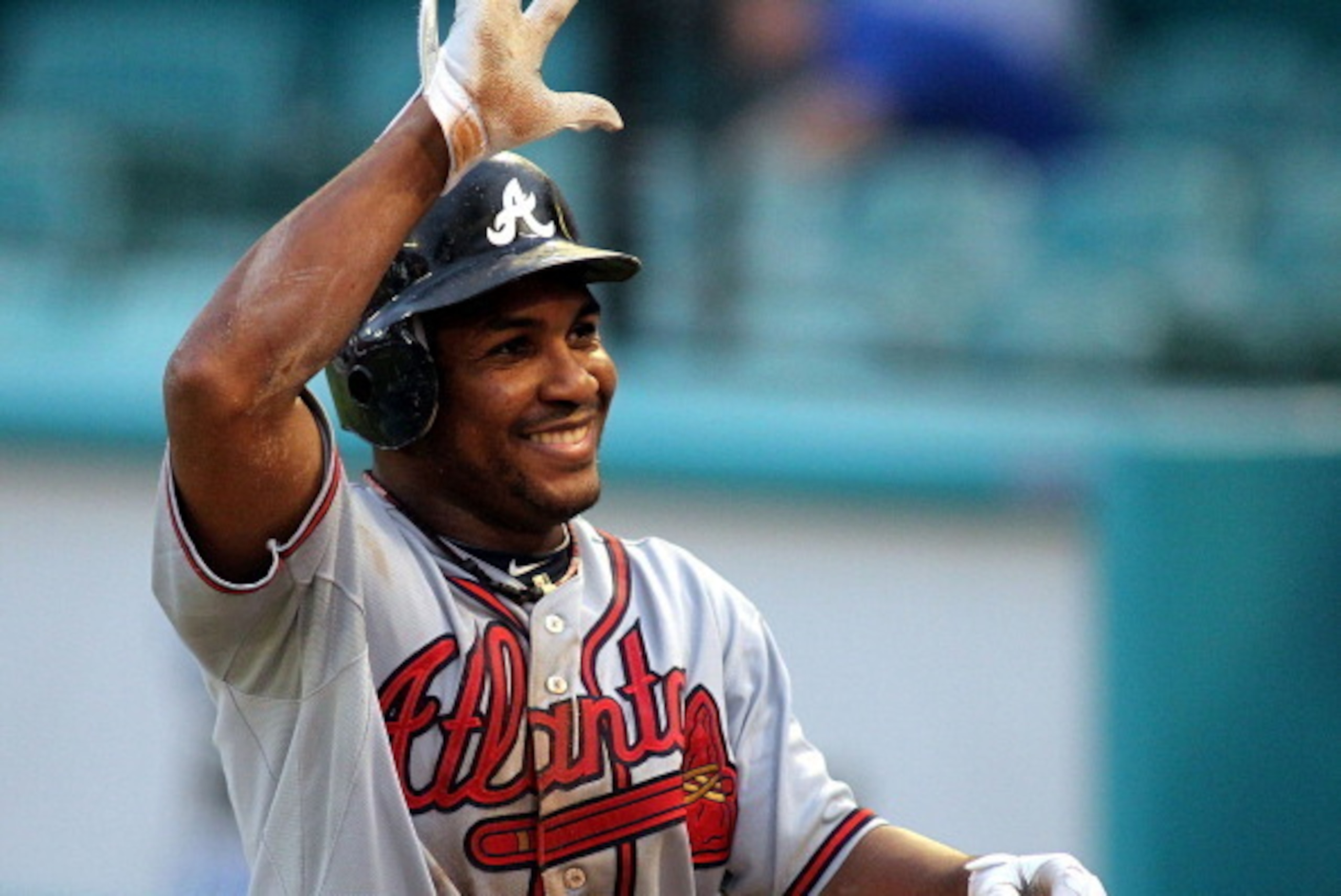 MIAMI GARDENS, FL - AUGUST 10: Jose Constanza #17 of the Atlanta Braves celebrates scoring a run against the Florida Marlins at Sun Life Stadium on August 10, 2011 in Miami Gardens, Florida. (Photo by Marc Serota/Getty Images) MIAMI GARDENS, FL - AUGUST 10: Jose Constanza #17 of the Atlanta Braves celebrates scoring a run against the Florida Marlins at Sun Life Stadium on August 10, 2011 in Miami Gardens, Florida. (Photo by Marc Serota/Getty Images)