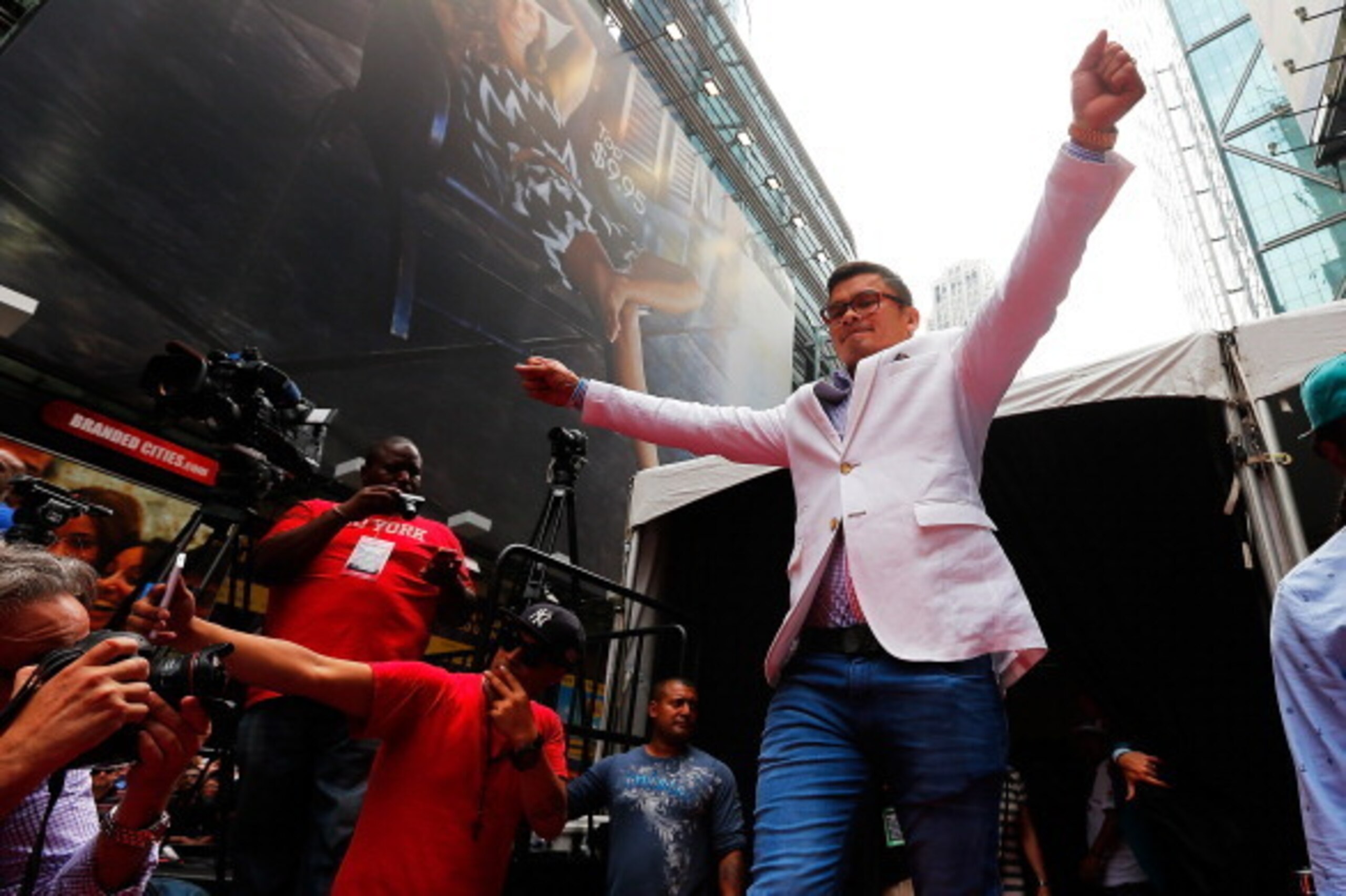 NEW YORK, NY - JULY 14:  Marcos Maidana is introduced prior to the start of a news conference at the Pedestrian Walk in Times Square on July 14, 2014 in New York City. Floyd Mayweather Jr. and Marcos Maidana are scheduled to fight September 13, 2014 at th