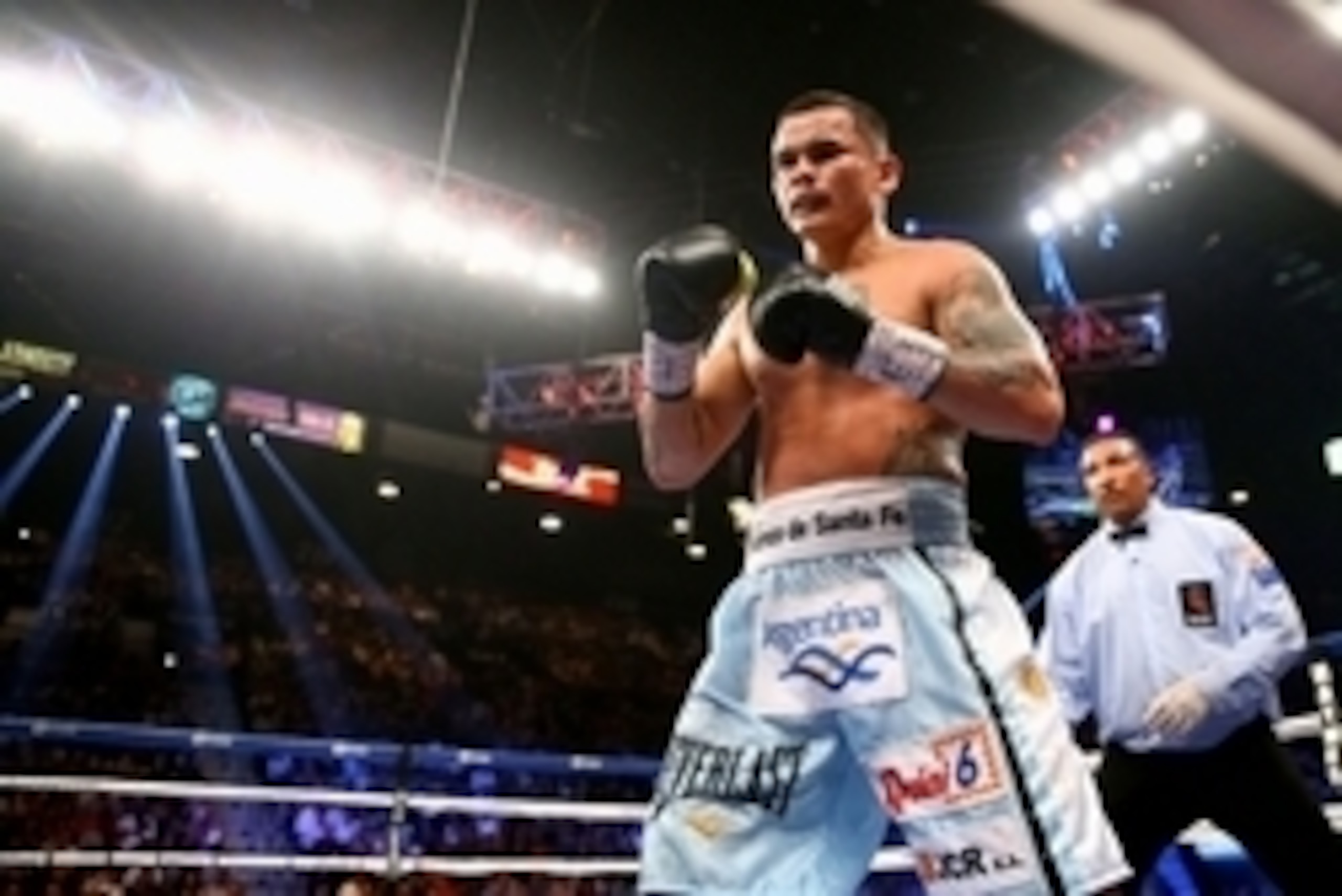 May 3, 2014; Las Vegas, NV, USA; Marcos Maidana against Floyd Mayweather Jr. (not pictured) during their fight at the MGM Grand. Mandatory Credit: Mark J. Rebilas-USA TODAY Sports