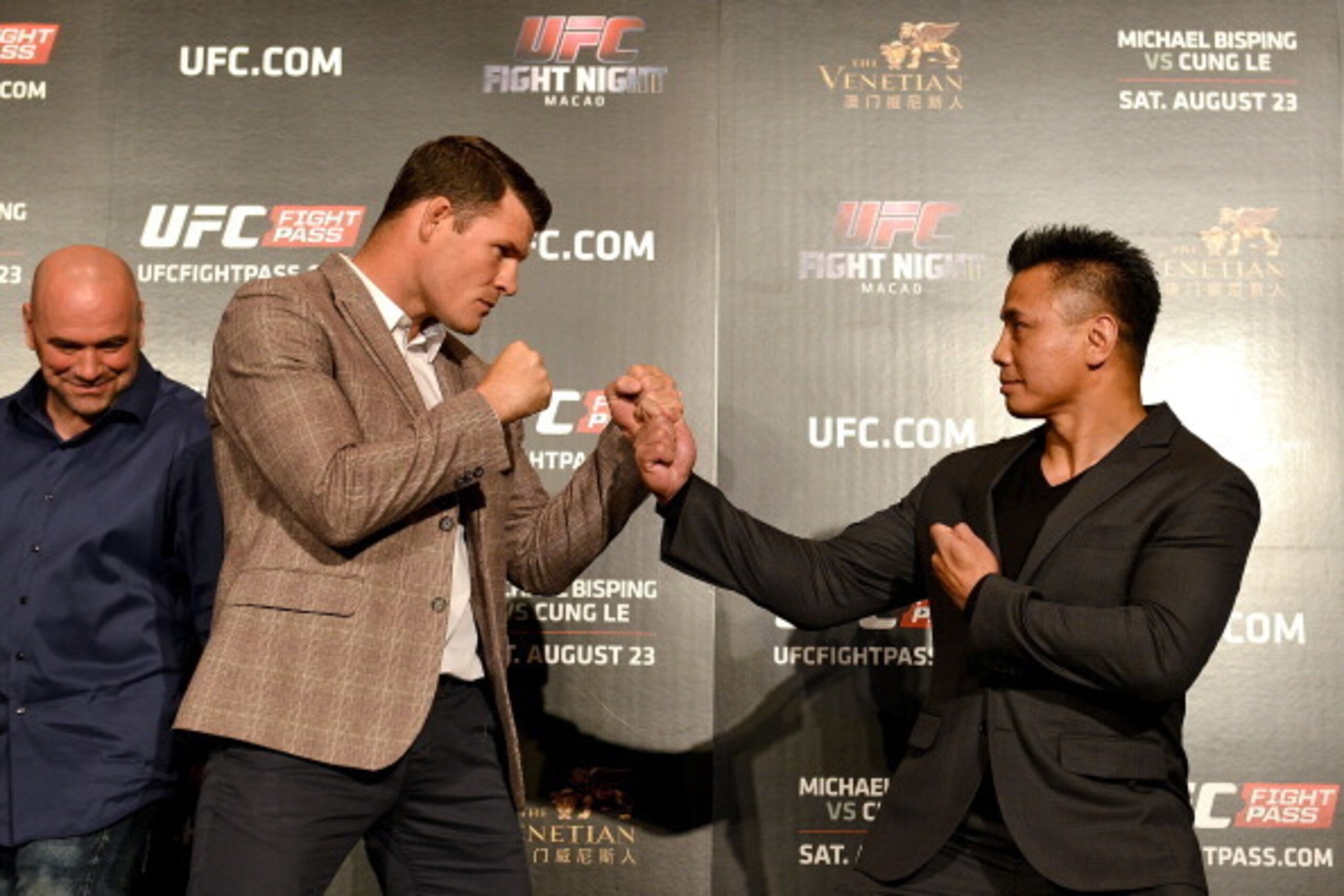 HONG KONG - JUNE 24: Michael Bisping (L) with his opponent Cung Le (R) during the Macao UFC Fight Night Press Conference at the Four Season Hotel on June 24, 2014 in Hong Kong, Hong Kong.  (Photo by Jayne Russell/Getty Images)