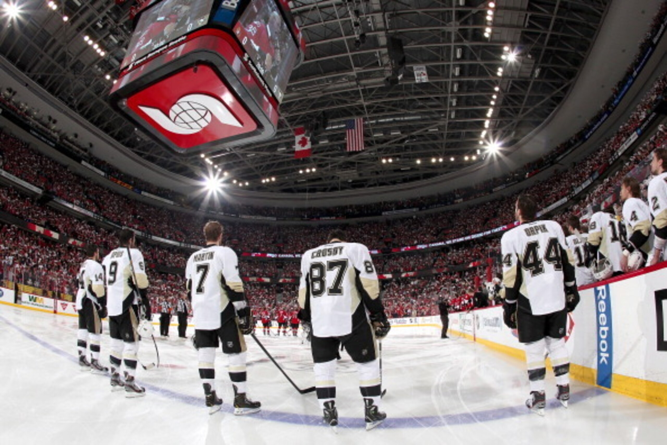 OTTAWA, CANADA - MAY 19:  Sidney Crosby #87 of the Pittsburgh Penguins stands on the blue line along with teammates Chris Kunitz #14, Pascal Dupuis #9, Paul Martin #7 and Brooks Orpik #44 prior to the game against the Ottawa Senators in Game Three of the 