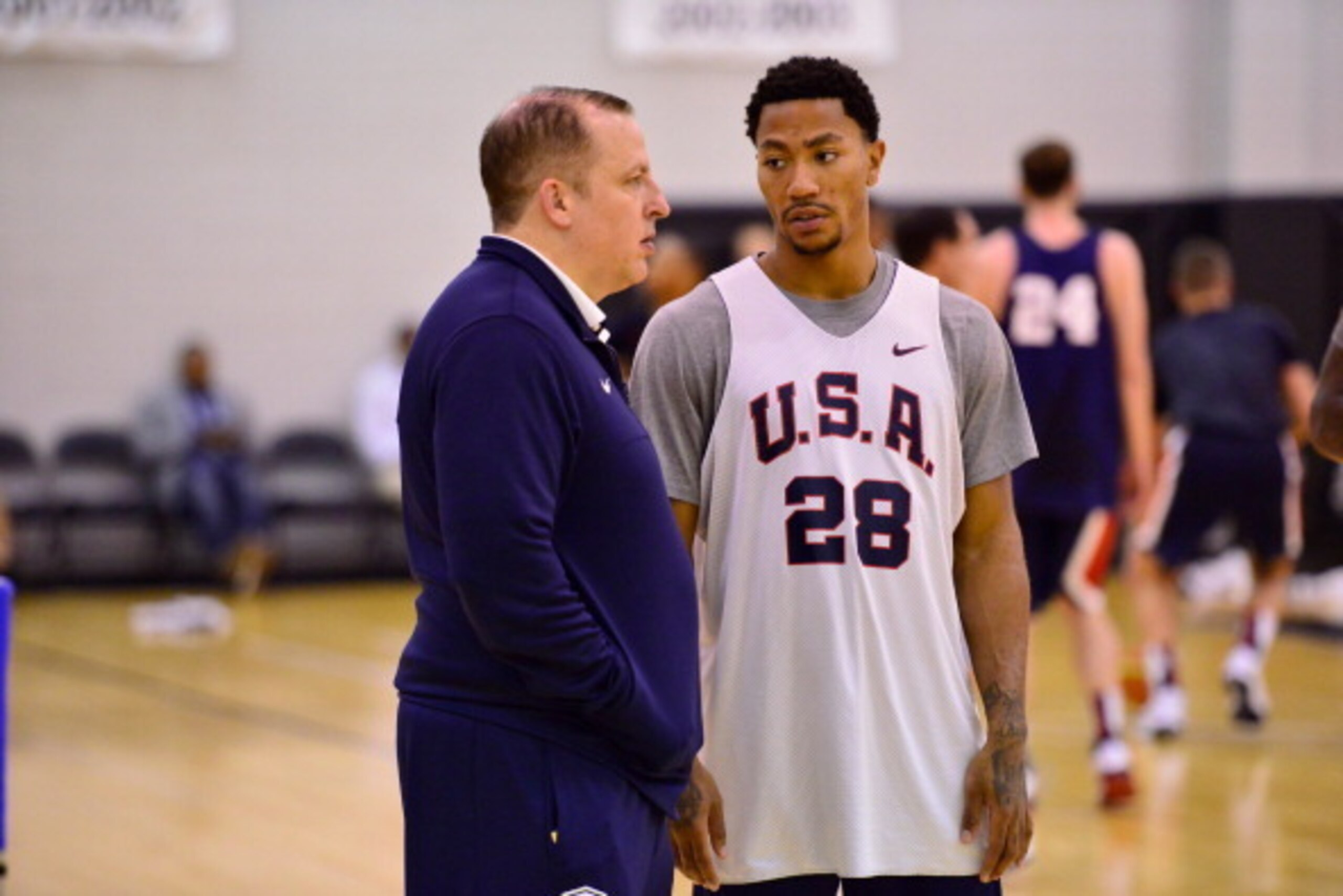 EAST RUTHERFORD, NJ - AUGUST 19: Derrick Rose #28 and Tom Thibodeau of the USA Basketball Men's National Team talk during practice on August 19, 2014 at the PNY Center in East Rutherford, New Jersey. NOTE TO USER: User expressly acknowledges and agrees th EAST RUTHERFORD, NJ - AUGUST 19: Derrick Rose #28 and Tom Thibodeau of the USA Basketball Men's National Team talk during practice on August 19, 2014 at the PNY Center in East Rutherford, New Jersey. NOTE TO USER: User expressly acknowledges and agrees th