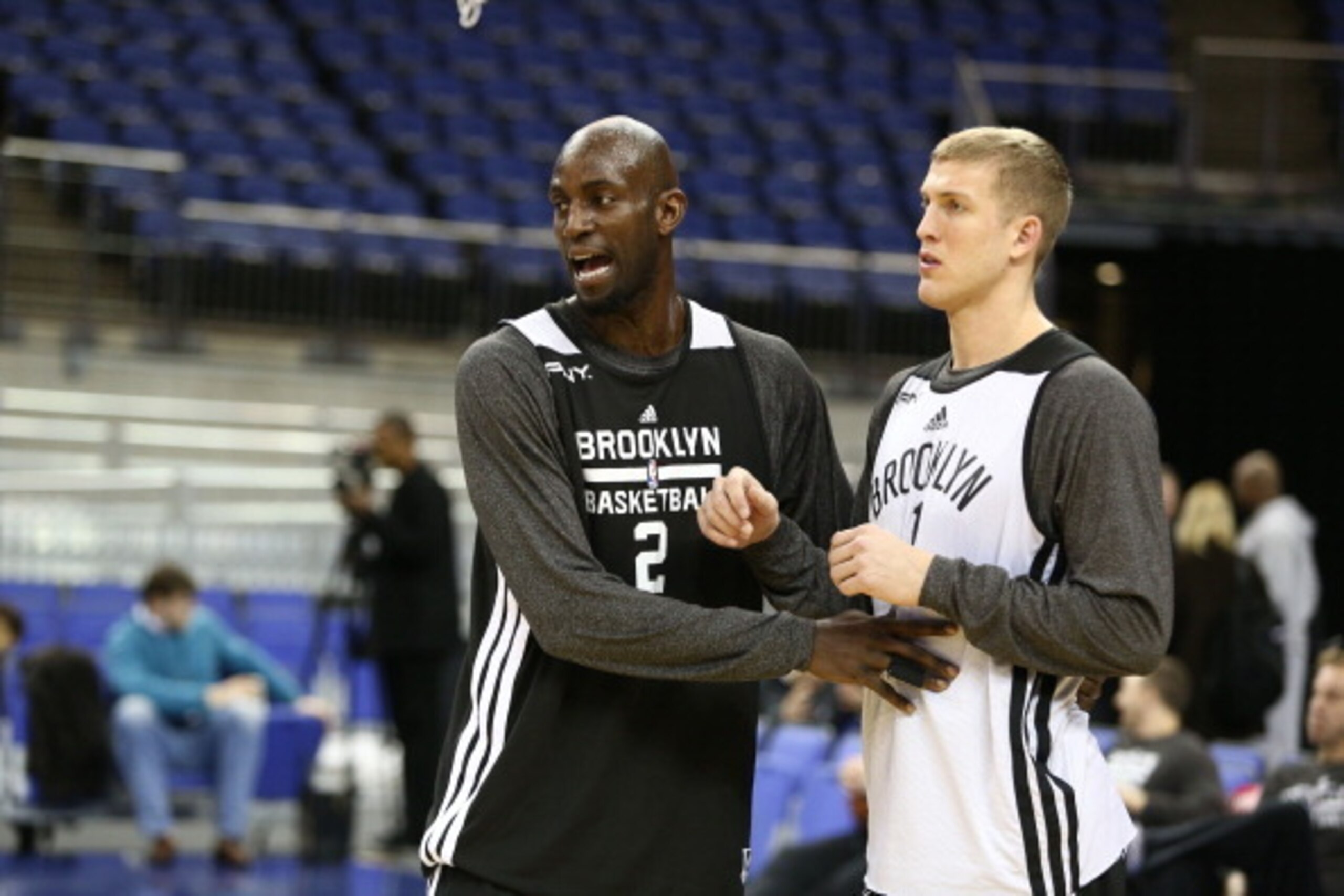 LONDON, ENGLAND - JANUARY 15: Kevin Garnett and Mason Plumlee of the Brooklyn Nets during practice as part of  the 2014 Global Games on January 15, 2014 at The O2 Arena in London, England. NOTE TO USER: User expressly acknowledges and agrees that, by down
