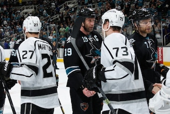 SAN JOSE, CA - APRIL 30: Joe Thornton #19 of the San Jose Sharks shakes hands with Tyler Toffoli #73 of the Los Angeles Kings after Game Seven of the First Round of the 2014 Stanley Cup Playoffs at SAP Center on April 30, 2014 in San Jose, California. (Ph