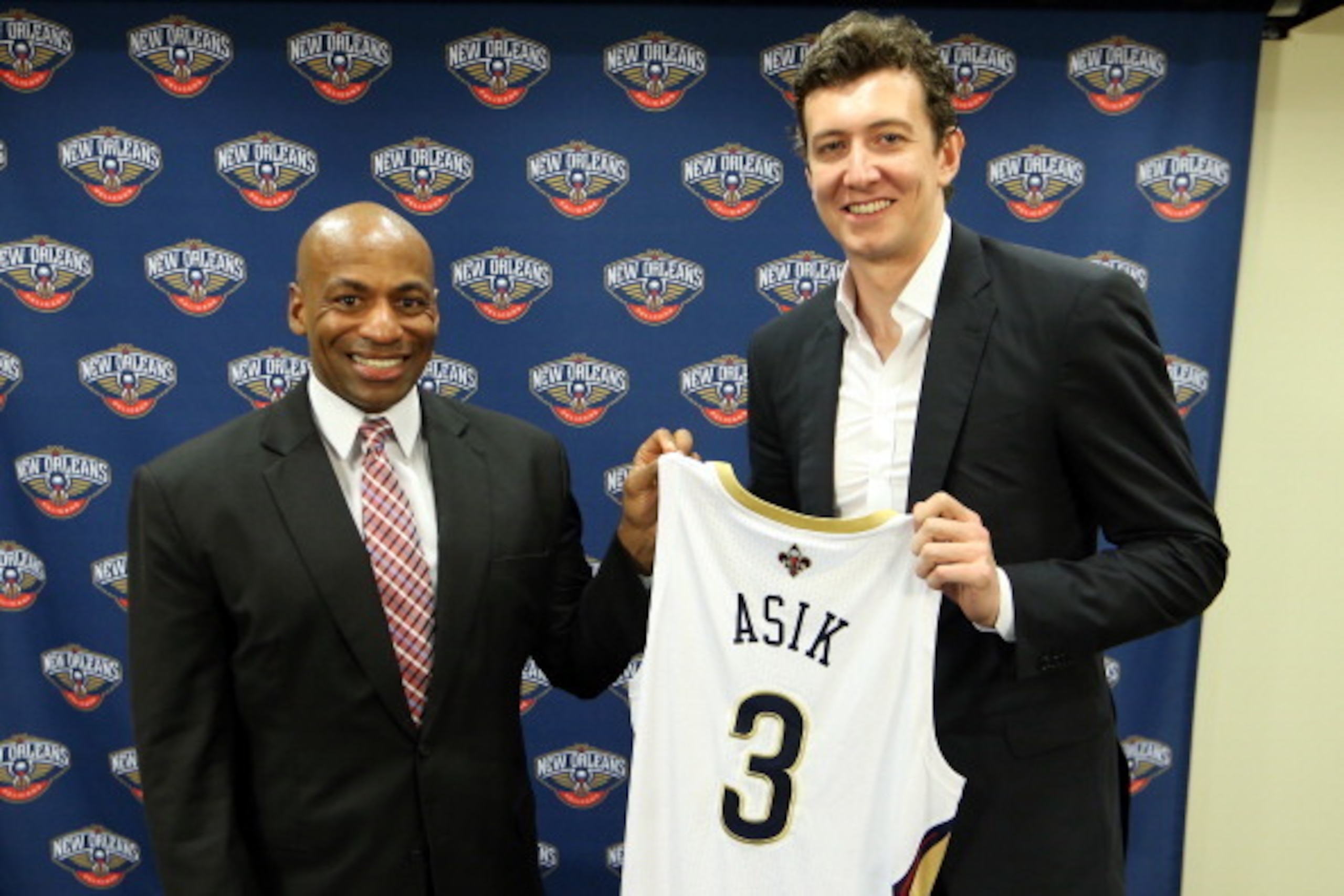 METAIRIE, LA - MARCH 17:  The New Orleans Pelicans center Omer Asik is introduced to the media by General Manager Dell Demps after the team announced Asik had been acquired from the Houston Rockets in a three-team trade on July 15, 2014 at the New Orleans