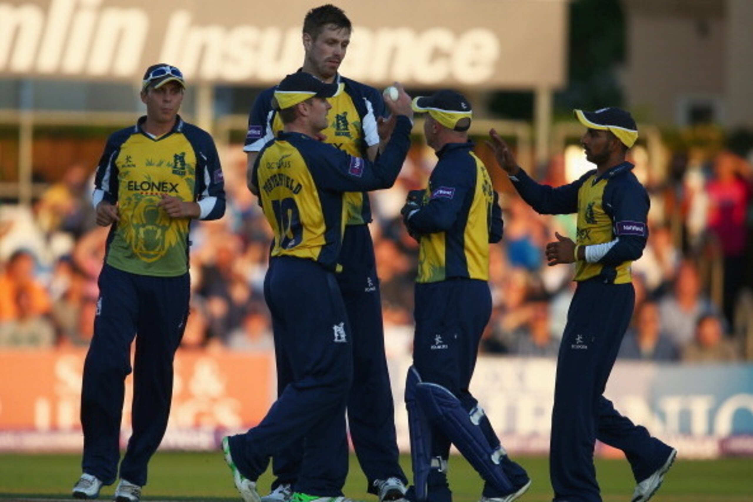 CHELMSFORD, ENGLAND - AUGUST 02:  Boyd Rankin of Birmingham Bears is congratulated on bowling Tom Westley of Essex Eagles  during the Natwest T20 Blast Quarter Final match between Essex Eagles and Birmingham Bears at Ford County Ground on August 2, 2014 i