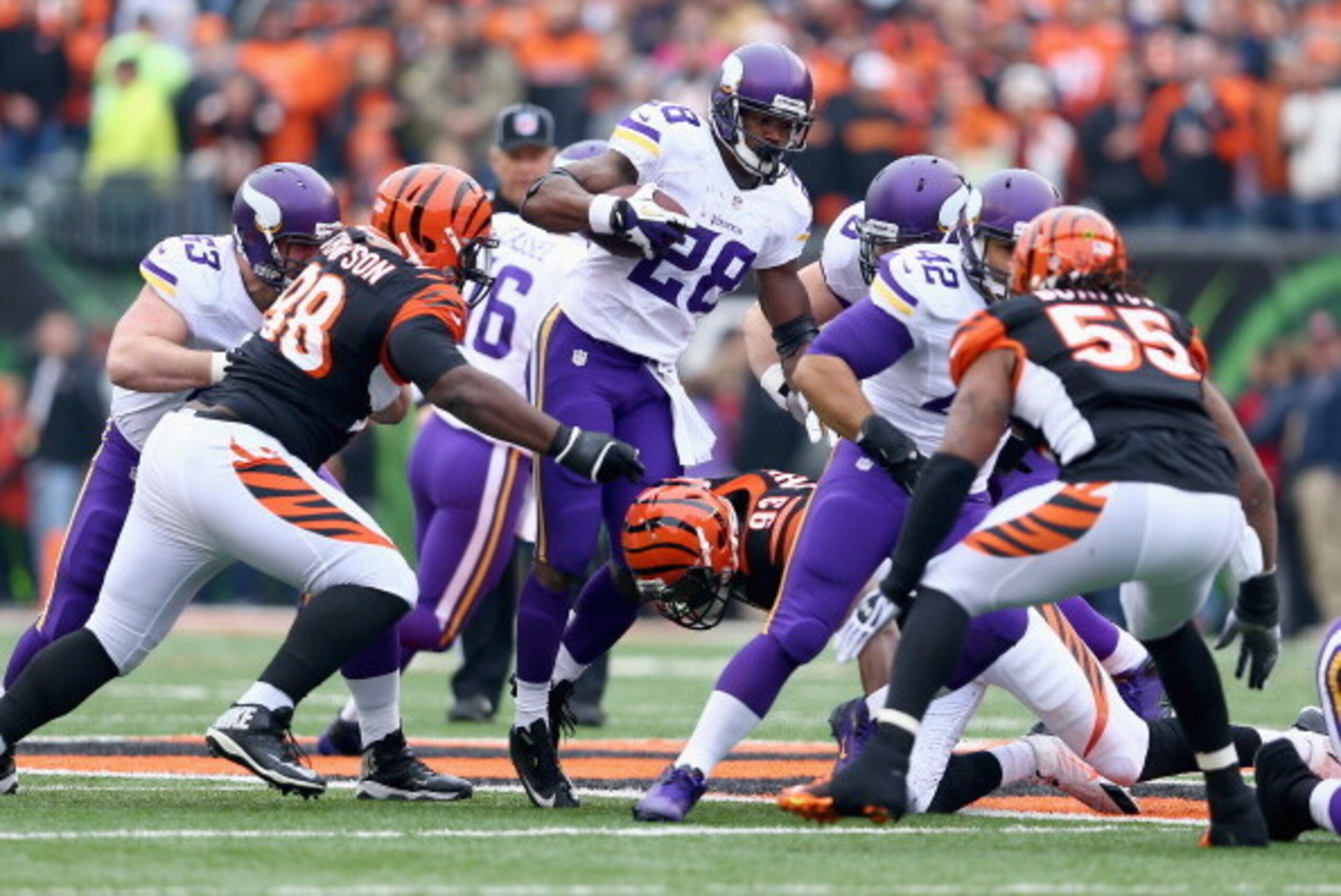 CINCINNATI, OH - DECEMBER 22:  Adrian Peterson #28 of the Minnesota Vikings runs with the ball during the NFL game against the Cincinnati Bengals at Paul Brown Stadium on December 22, 2013 in Cincinnati, Ohio.  (Photo by Andy Lyons/Getty Images)