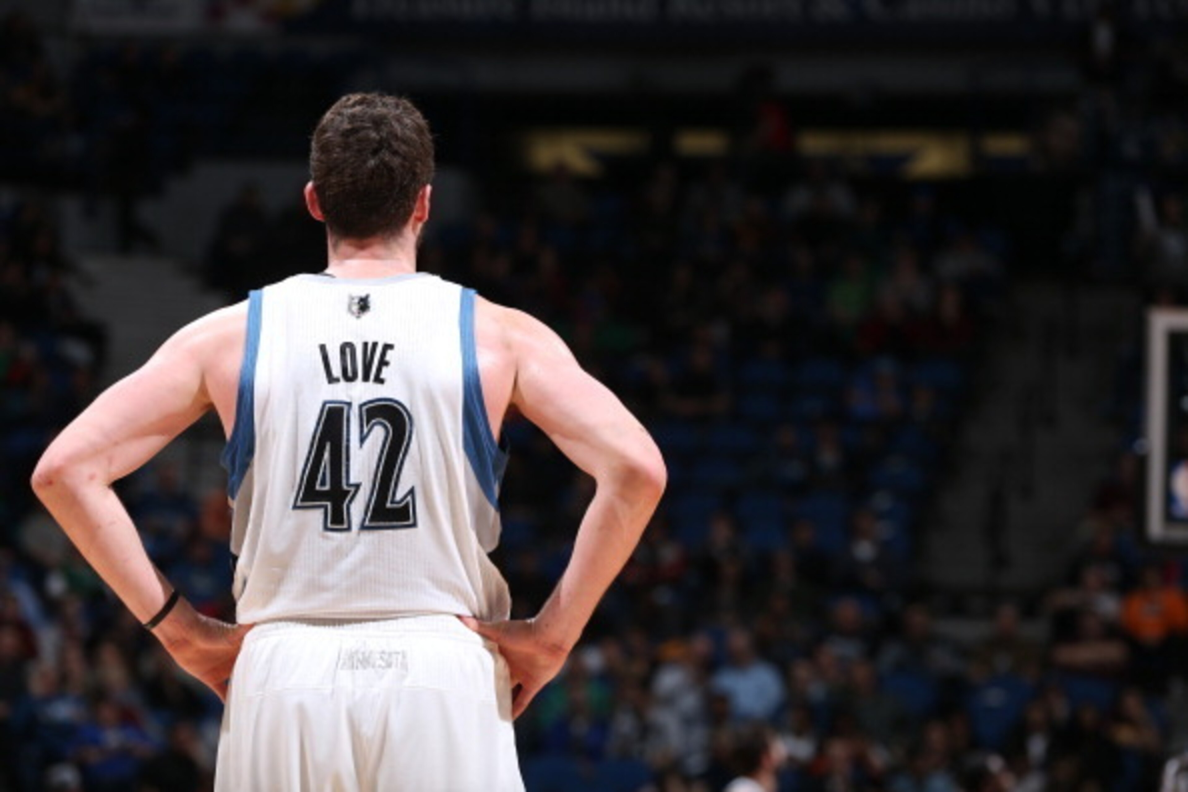 MINNEAPOLIS, MN - MARCH 26: Kevin Love #42 of the Minnesota Timberwolves looks on during the game against the Atlanta Hawks on March 26, 2014 at Target Center in Minneapolis, Minnesota. NOTE TO USER: User expressly acknowledges and agrees that, by downloa