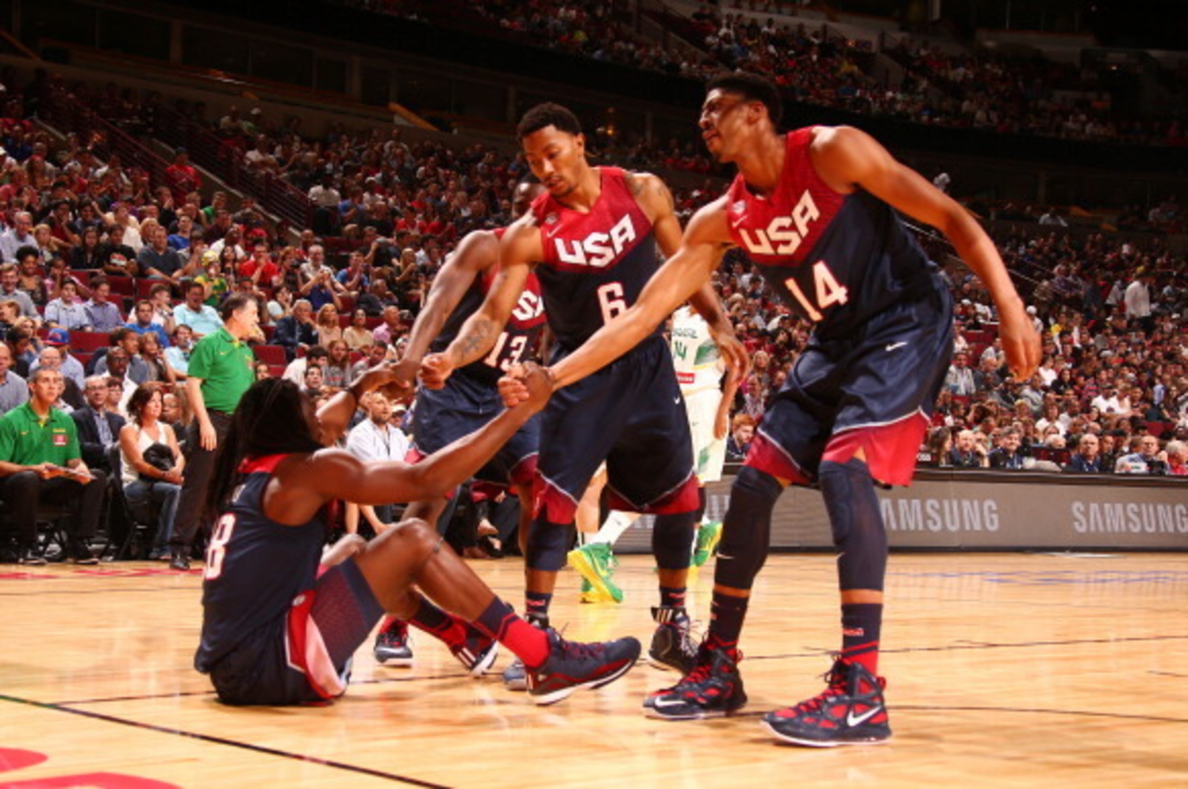 CHICAGO, IL - AUGUST 16: Kenneth Faried #18, Derrick Rose #6, and Anthony Davis #14 of the USA Basketball Men's National Team during a game against the Brazil Basketball Men's National Team on August 16, 2014 at the United Center in Chicago, Illinois.  NO