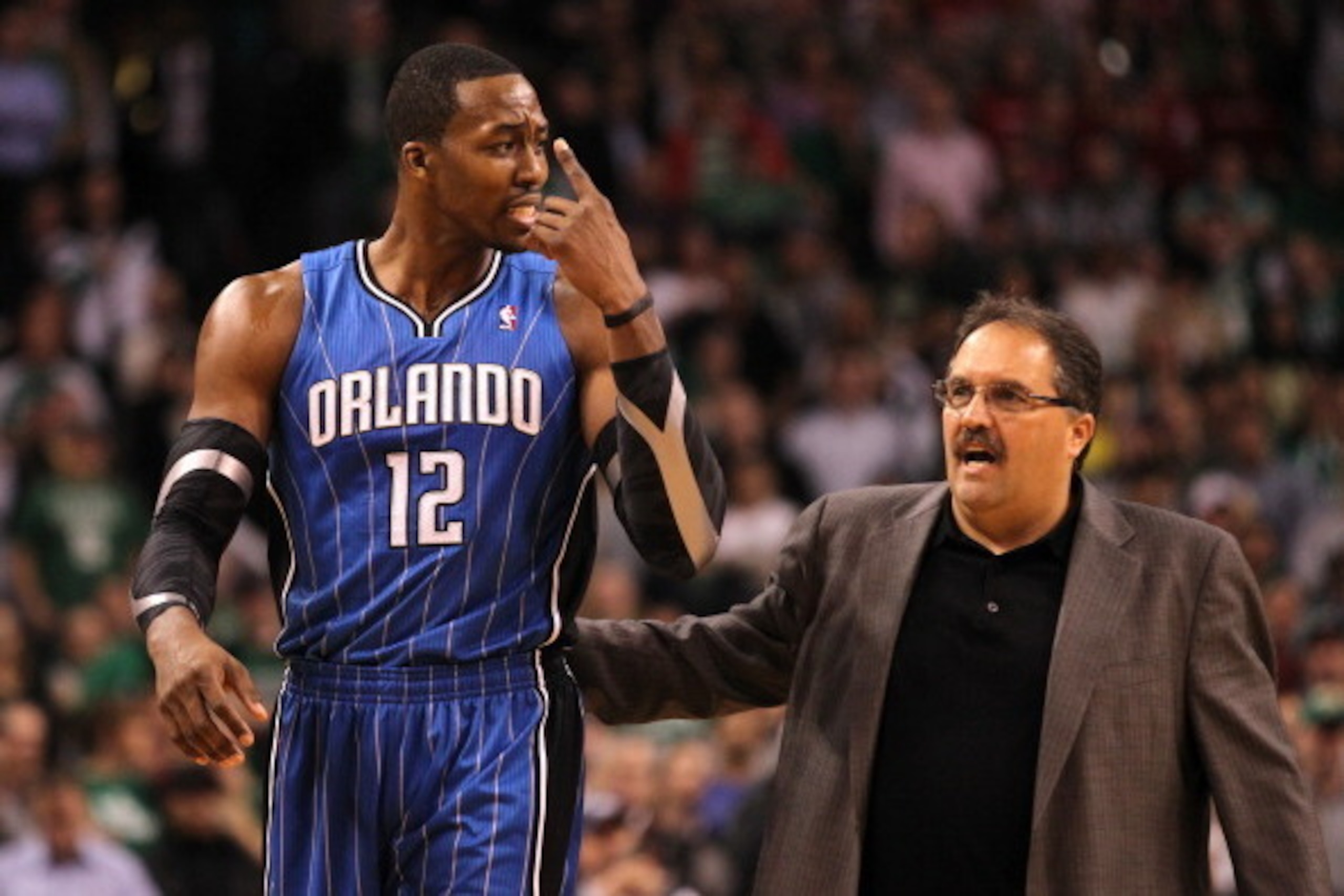 BOSTON, MA - JANUARY 23: Head Coach Stan Van Gundy talks to Dwight Howard #12 of the Orlando Magic during the game against the Boston Celtics on January 23, 2012 at the TD Garden in Boston, Massachusetts. NOTE TO USER: User expressly acknowledges and agre