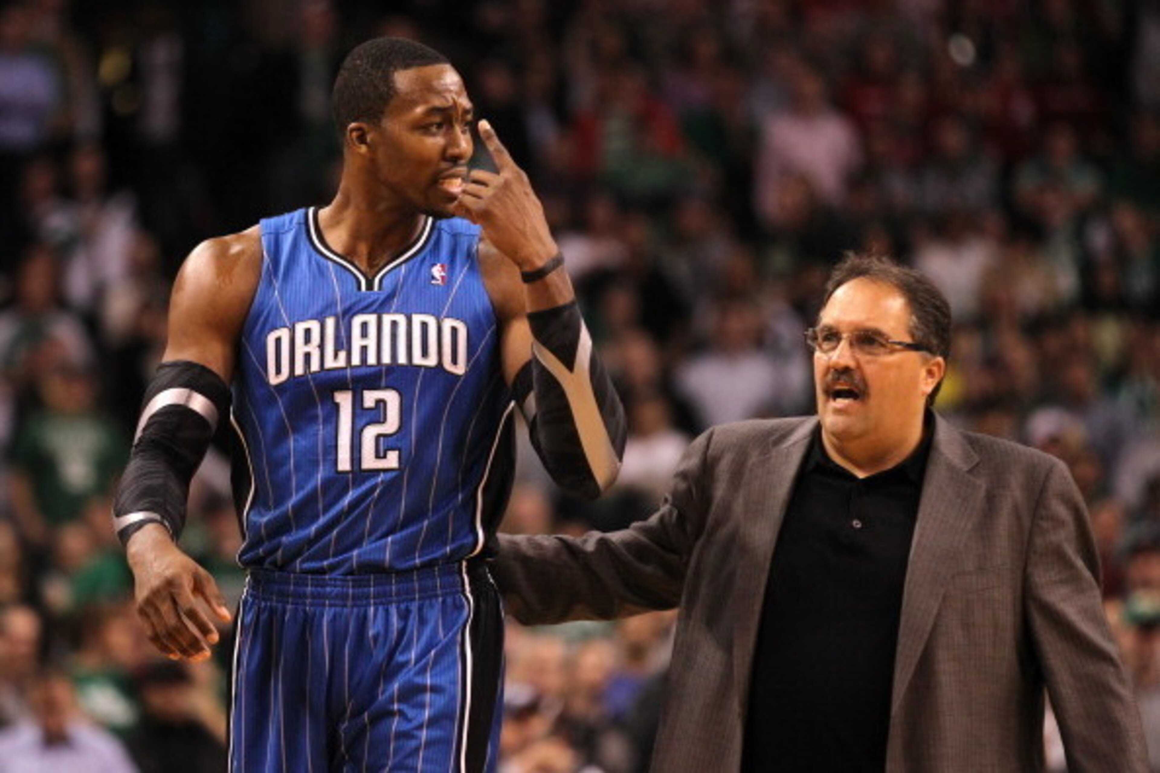 BOSTON, MA - JANUARY 23: Head Coach Stan Van Gundy talks to Dwight Howard #12 of the Orlando Magic during the game against the Boston Celtics on January 23, 2012 at the TD Garden in Boston, Massachusetts. NOTE TO USER: User expressly acknowledges and agre