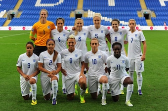 CARDIFF, WALES - AUGUST 21:  The  England team pose for their team picture before the FIFA 2015 Women's World Cup Group 6 Qualifier between Wales and England at Cardiff City Stadium on August 21, 2014 in Cardiff, Wales.  (Photo by Stu Forster/Getty Images