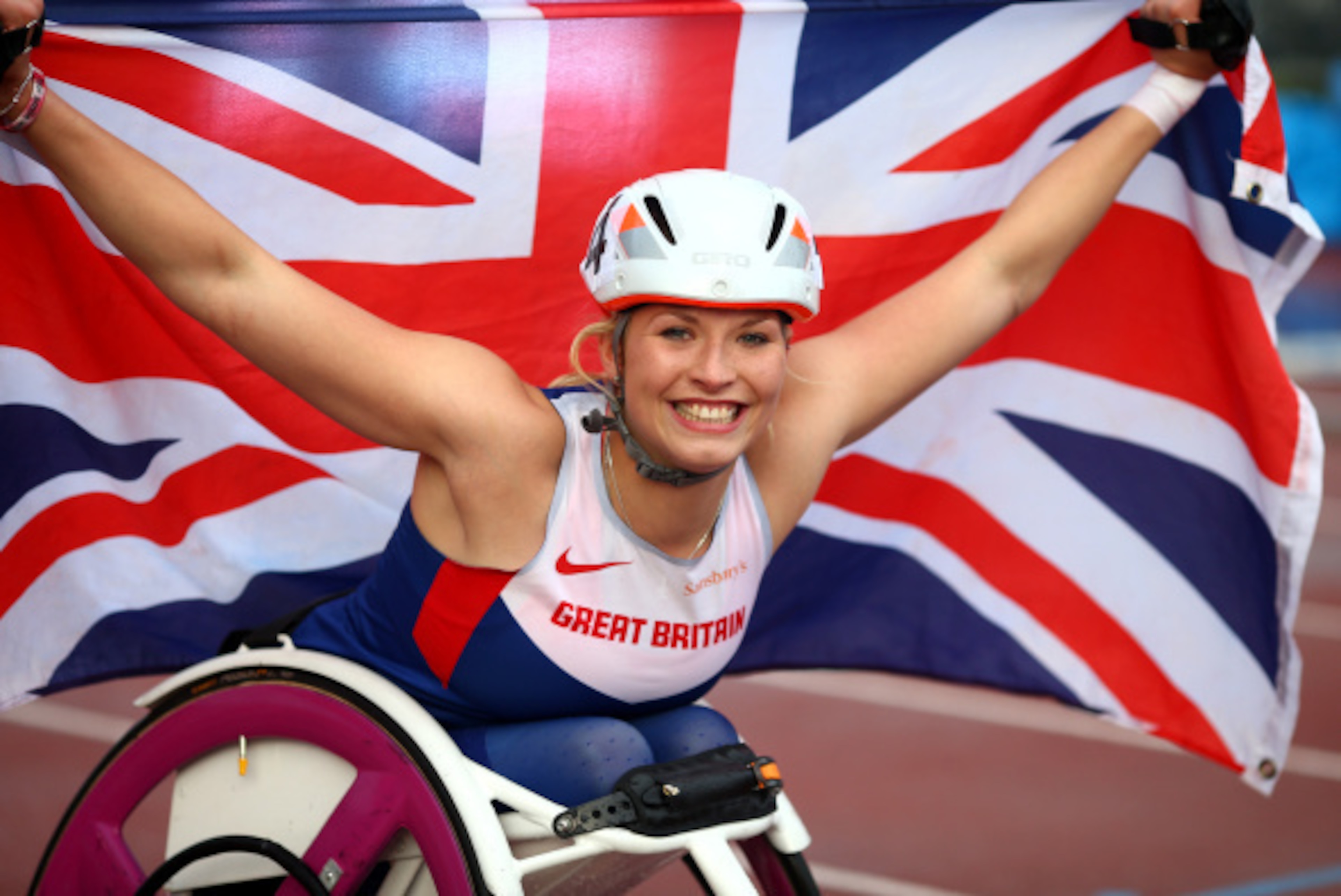 SWANSEA, WALES - AUGUST 21: Samantha Kinghorn of Great Britain celebrates after winning the womens 800M T53 final and her third gold medal during day three of the IPC Athletics European Championships at Swansea University Sports Village on August 21, 2014 SWANSEA, WALES - AUGUST 21: Samantha Kinghorn of Great Britain celebrates after winning the womens 800M T53 final and her third gold medal during day three of the IPC Athletics European Championships at Swansea University Sports Village on August 21, 2014