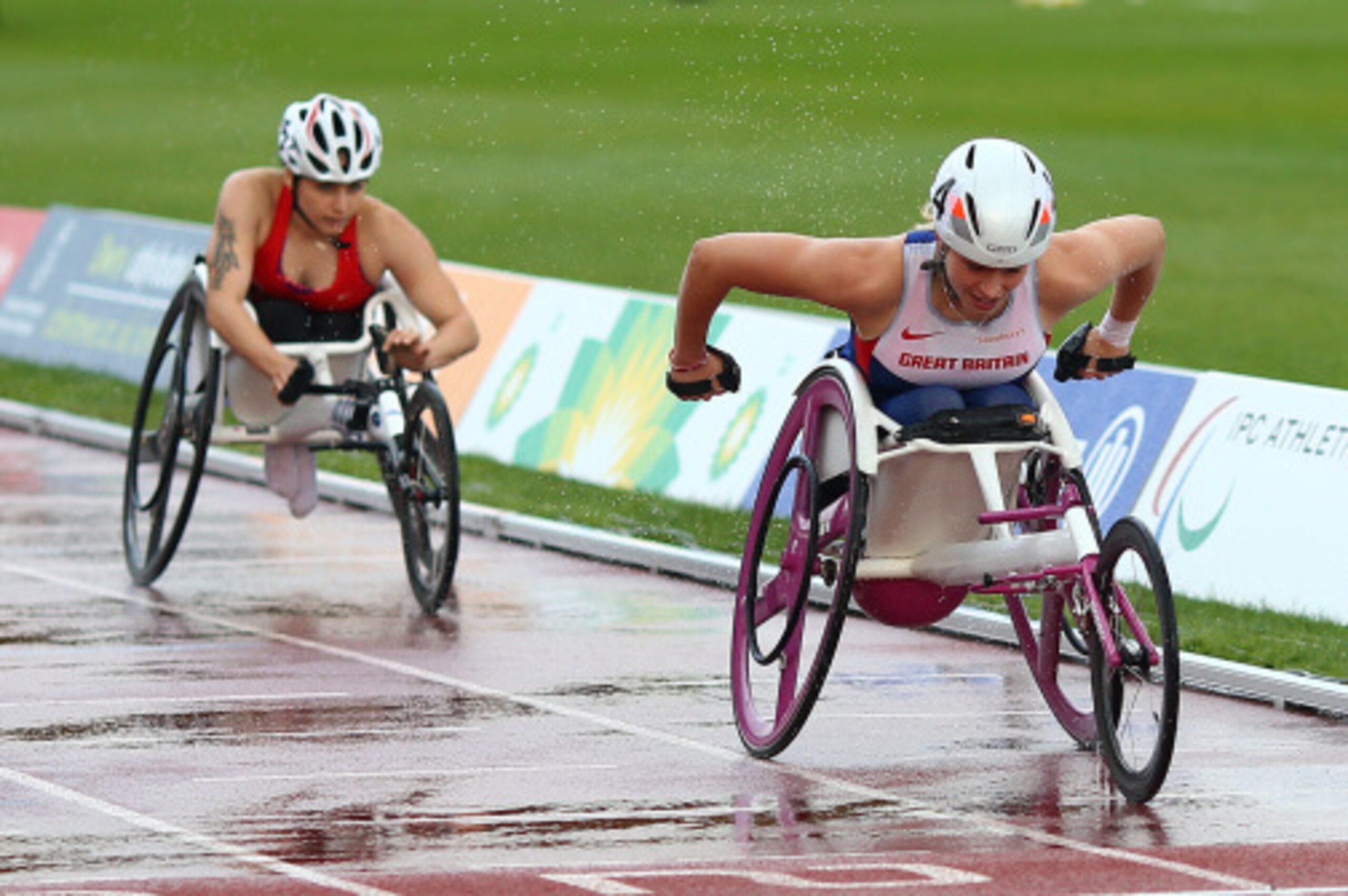 SWANSEA, WALES - AUGUST 21: Samantha Kinghorn of Great Britain wins the womens 800M T53 final during day three of the IPC Athletics European Championships at Swansea University Sports Village on August 21, 2014 in Swansea, Wales. (Photo by Charlie Crowhur