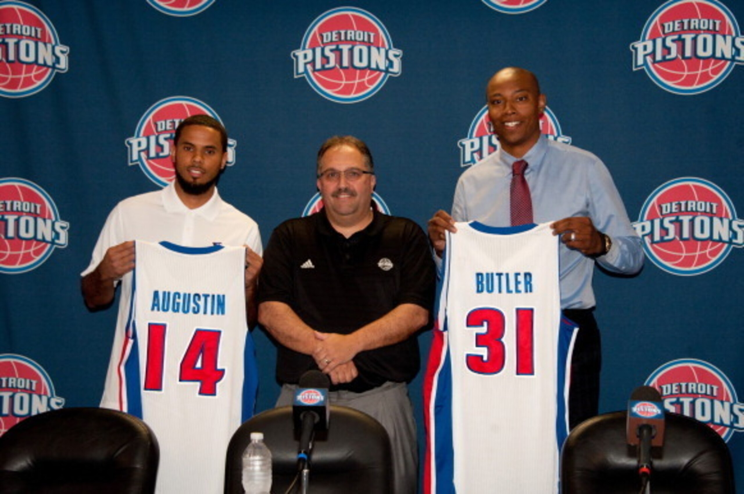 AUBURN HILLS - JULY 15: Detroit Pistons Head Coach and President of Basketball Operations Stan Van Gundy introduces Caron Butler #31 and D.J. Augustin #14 at a press conference on July 15, 2014 at Palace of Auburn Hills in Auburn Hills, Michigan.NOTE TO U