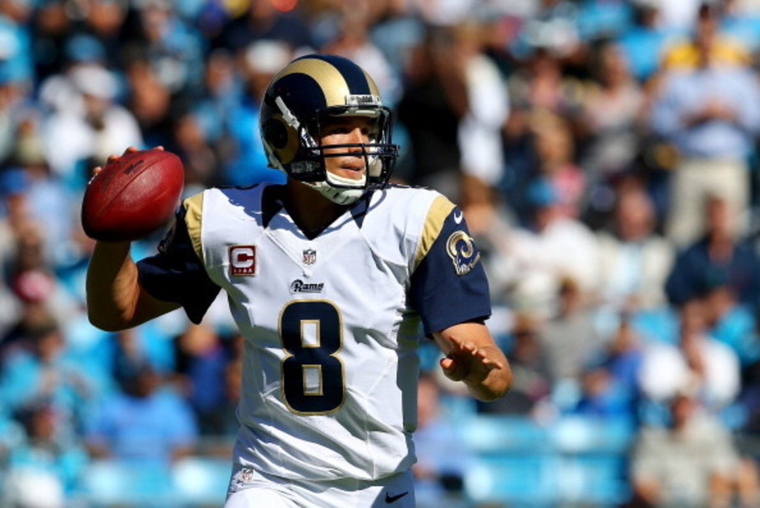CHARLOTTE, NC - OCTOBER 20:  Sam Bradford #8 of the St. Louis Rams during their game at Bank of America Stadium on October 20, 2013 in Charlotte, North Carolina.  (Photo by Streeter Lecka/Getty Images)