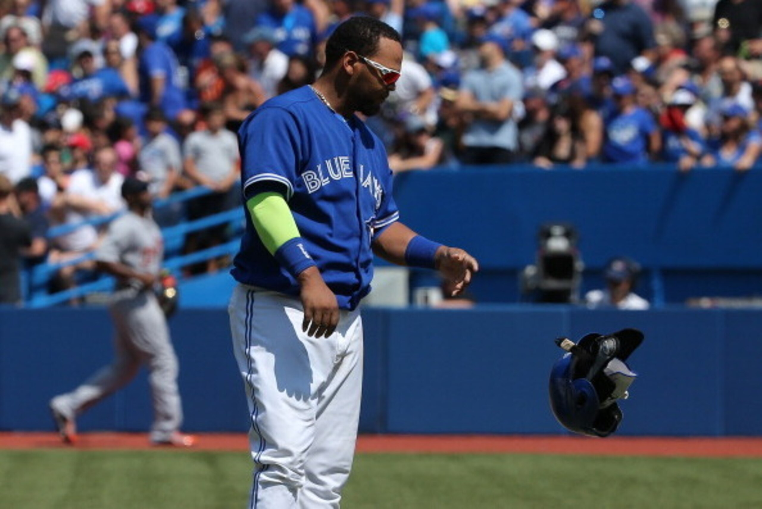 TORONTO, CANADA - AUGUST 9: Juan Francisco #47 of the Toronto Blue Jays reacts after striking out in the seventh inning during MLB game action against the Detroit Tigers on August 9, 2014 at Rogers Centre in Toronto, Ontario, Canada. (Photo by Tom Szczerb