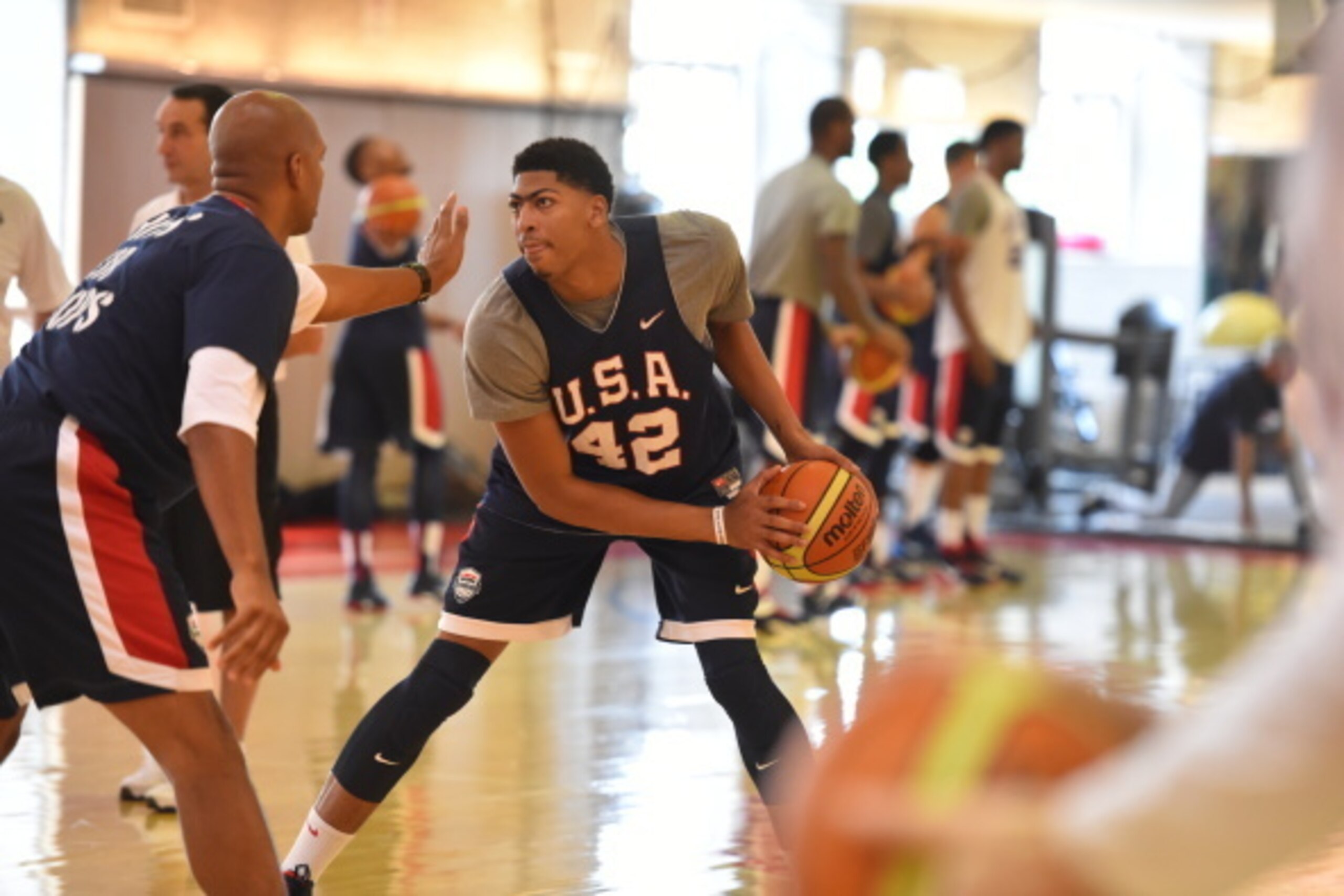 NEW YORK, NY - AUGUST 21: Anthony Davis #42 of the USA Basketball Men's National Team drives during practice at the New York Athletic Club on August 21, 2014 in New York, New York. NOTE TO USER: User expressly acknowledges and agrees that, by downloading 