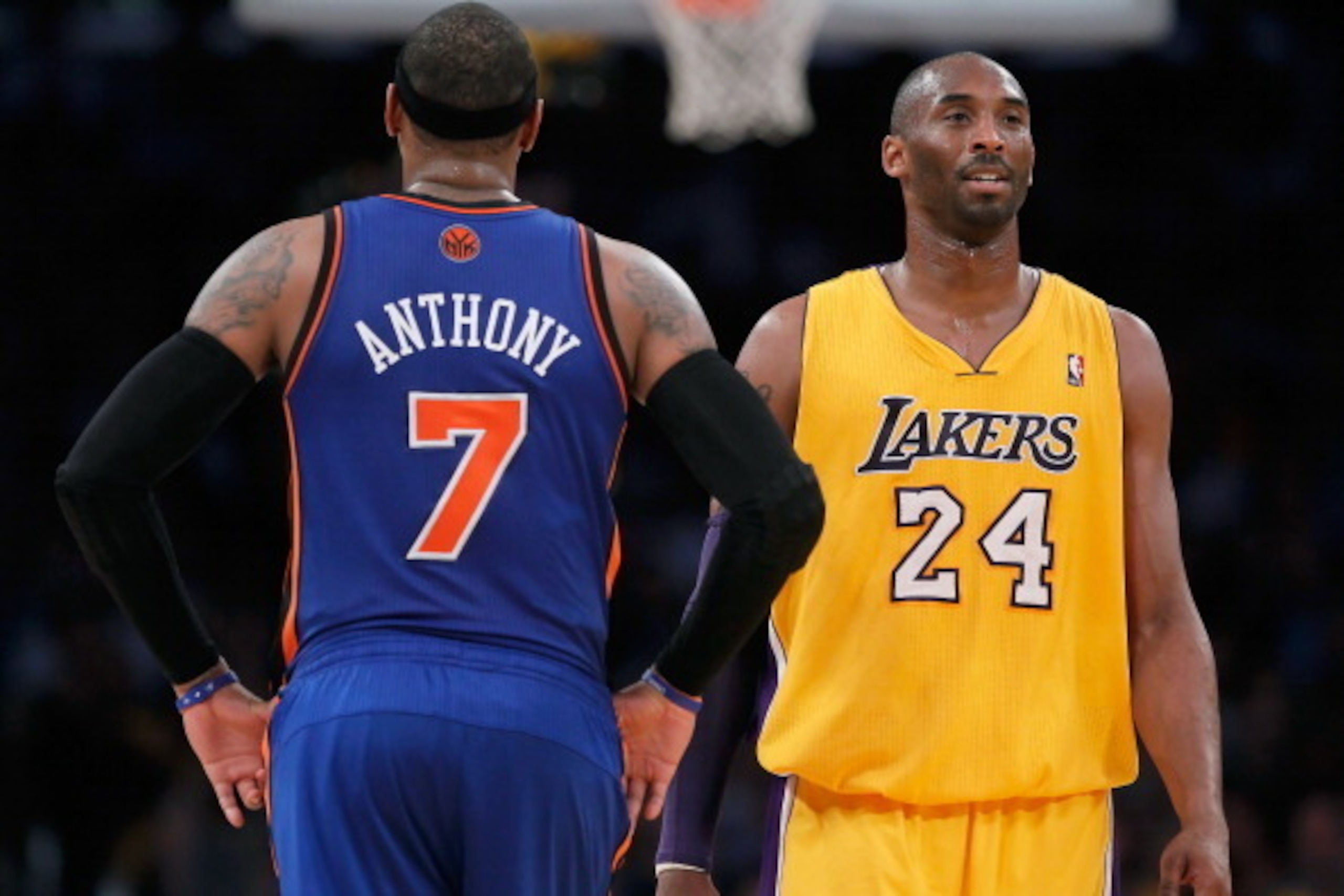 LOS ANGELES, CA - DECEMBER 29: Carmelo Anthony #7 of the New York Knicks and Kobe Bryant #24 of the Los Angeles Lakers talk during the first half at Staples Center on December 29, 2011 in Los Angeles, California. NOTE TO USER: User expressly acknowledges LOS ANGELES, CA - DECEMBER 29: Carmelo Anthony #7 of the New York Knicks and Kobe Bryant #24 of the Los Angeles Lakers talk during the first half at Staples Center on December 29, 2011 in Los Angeles, California. NOTE TO USER: User expressly acknowledges