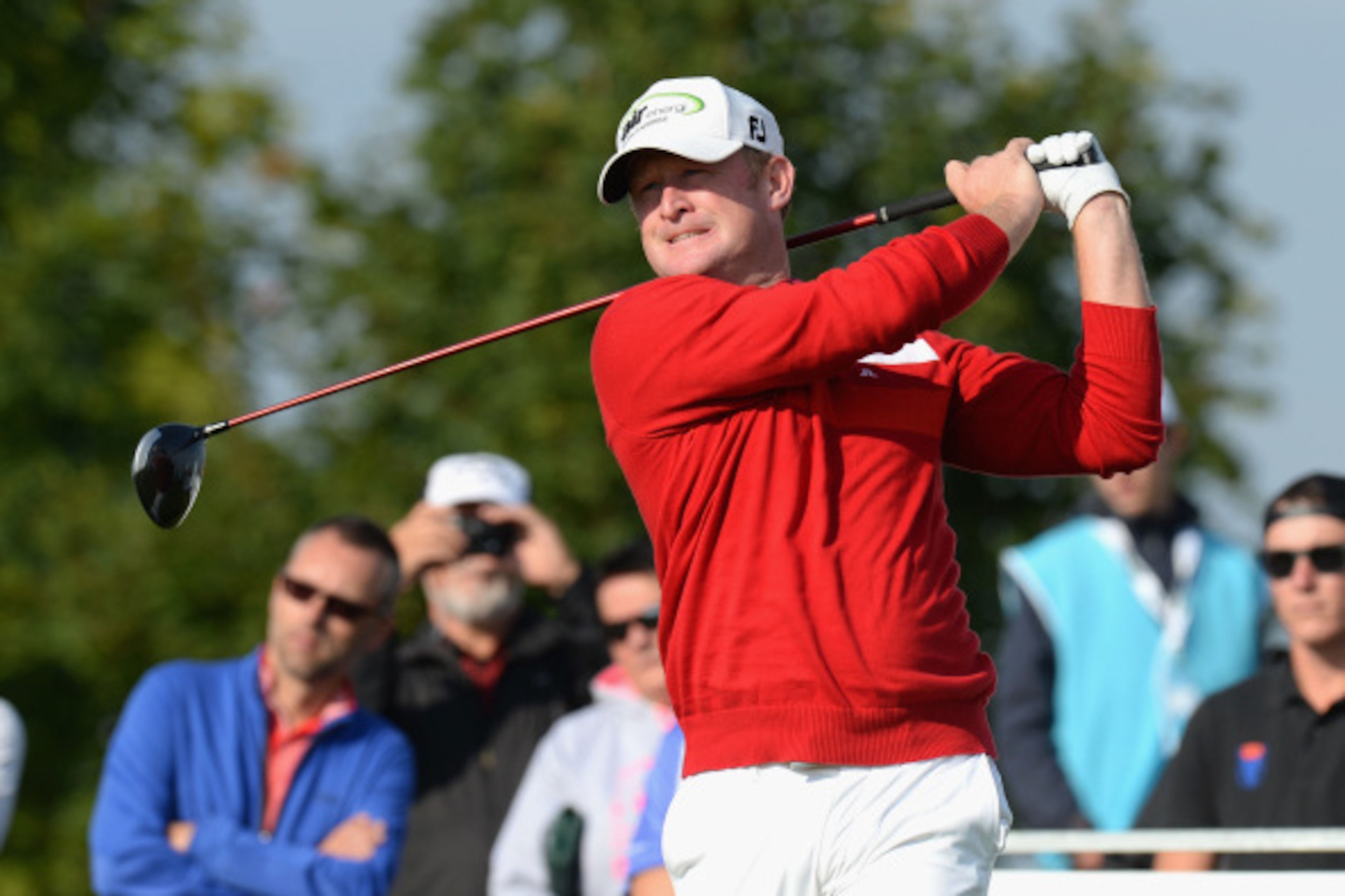 PRAGUE, CZECH REPUBLIC - AUGUST 22:  Jamie Donaldson of Wales plays his first shot on the 14th tee during day two of D+D REAL Czech Masters at Albatross Golf Resort on August 22, 2014 in Prague, Czech Republic.  (Photo by Tony Marshall/Getty Images)