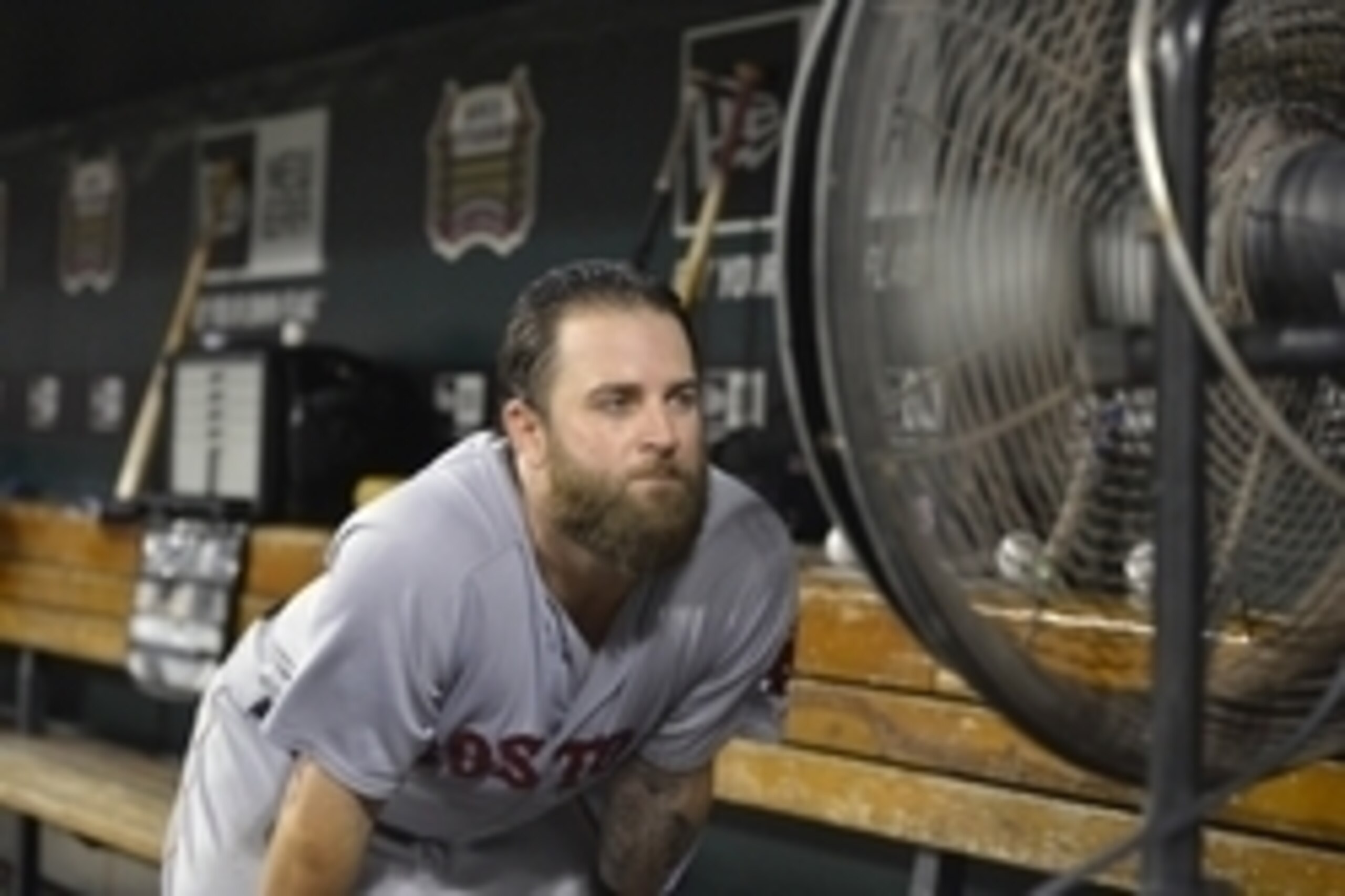 Aug 7, 2014; St. Louis, MO, USA; Boston Red Sox first baseman Mike Napoli (12) cools off in the dugout between innings against the St. Louis Cardinals at Busch Stadium. Mandatory Credit: Jasen Vinlove-USA TODAY Sports Aug 7, 2014; St. Louis, MO, USA; Boston Red Sox first baseman Mike Napoli (12) cools off in the dugout between innings against the St. Louis Cardinals at Busch Stadium. Mandatory Credit: Jasen Vinlove-USA TODAY Sports