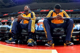 WASHINGTON, DC - MAY 15: Lance Stephenson #1 and Roy Hibbert #55 sit on the bench before a game against the Washington Wizards in Game Six of the Eastern Conference Semifinals during the 2014 NBA Playoffs on May 15, 2014 at the Verizon Center in Washingto