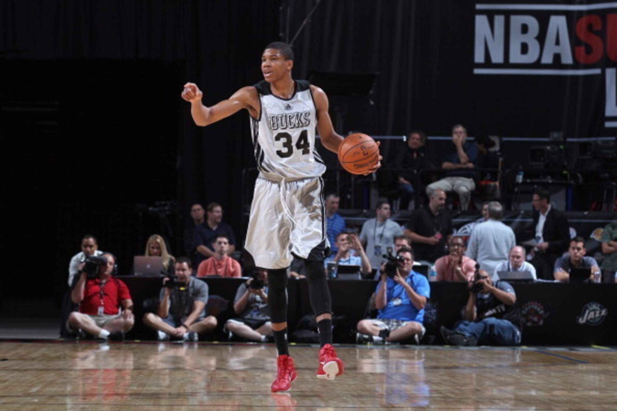 LAS VEGAS, NV - JULY 14: Giannis Antetokounmpo #34 of the Milwaukee Bucks controls the ball against the Utah Jazz at the Samsung NBA Summer League 2014 on July 14, 2014 at the Thomas & Mack Center in Las Vegas, Nevada. NOTE TO USER: User expressly acknowl