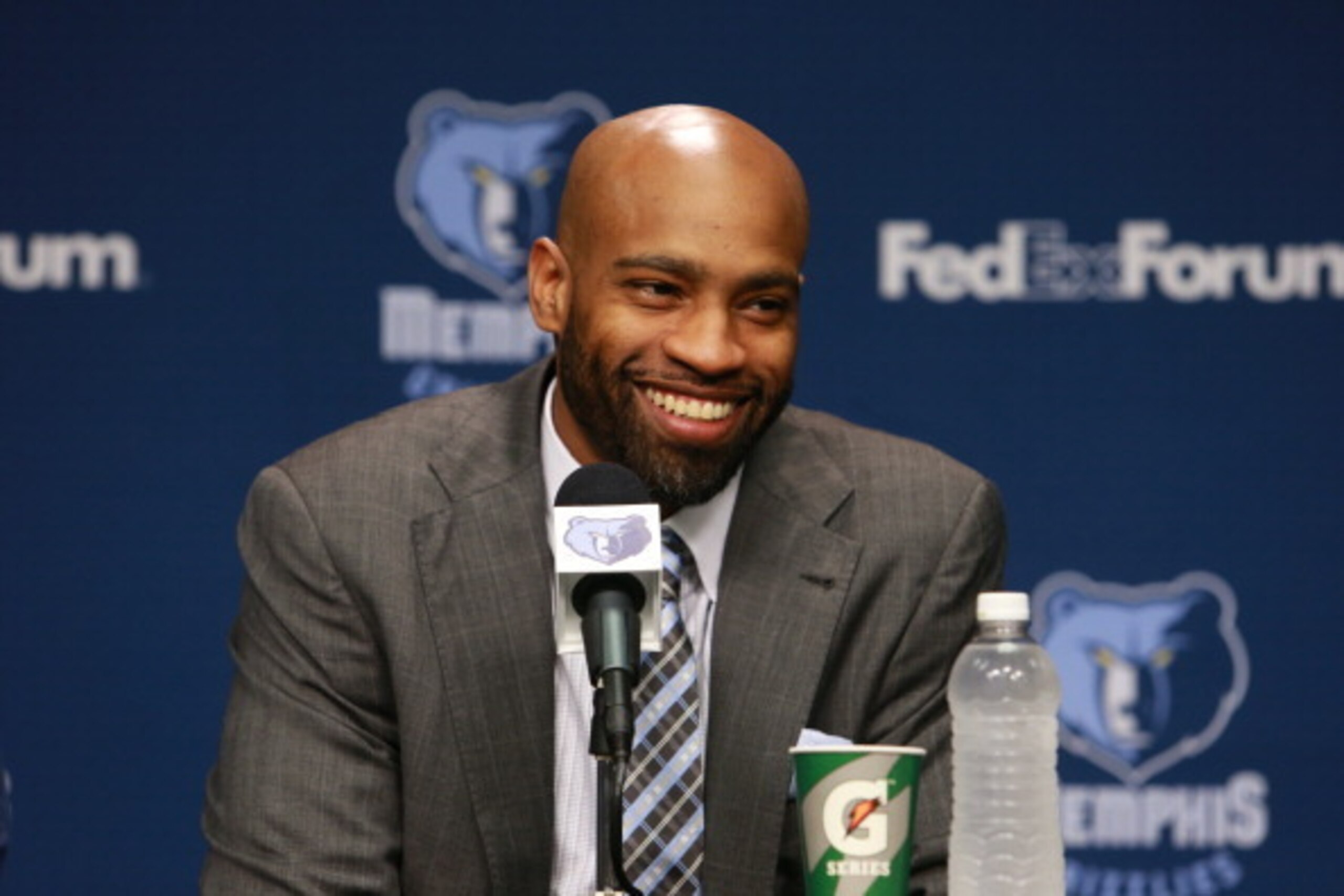 MEMPHIS, TN - JULY 14: Vince Carter #15 of the Memphis Grizzlies addresses the media on July 14, 2014 at FedExForum in Memphis, Tennessee. NOTE TO USER: User expressly acknowledges and agrees that, by downloading and or using this photograph, user is cons