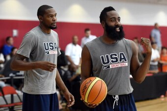 LAS VEGAS, NV - JULY 30:  Kevin Durant #52 (L) and James Harden #32 of the 2014 USA Basketball Men's National Team set up a drill during a practice session at the Mendenhall Center on July 30, 2014 in Las Vegas, Nevada.  (Photo by Ethan Miller/Getty Image