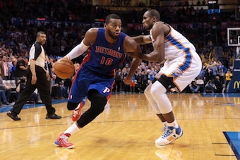 OKLAHOMA CITY, OK - April 16, 2014 :  Greg Monroe #10 of the Detroit Pistons handles the ball against the Oklahoma City Thunder at the Chesapeake Arena on April 16, 2014 in Oklahoma City, Oklahoma. NOTE TO USER:  User expressly acknowledges and agrees tha