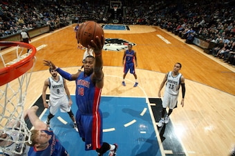 MINNEAPOLIS, MN - MARCH 7: Greg Monroe #10 of the Detroit Pistons shoots against the Minnesota Timberwolves on March 7, 2014 at Target Center in Minneapolis, Minnesota. NOTE TO USER: User expressly acknowledges and agrees that, by downloading and or using