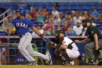 MIAMI, FL - AUGUST 20:  Adrian Beltre #29 of the Texas Rangers hits during a game against the Miami Marlins at Marlins Park on August 20, 2014 in Miami, Florida.  (Photo by Mike Ehrmann/Getty Images)
