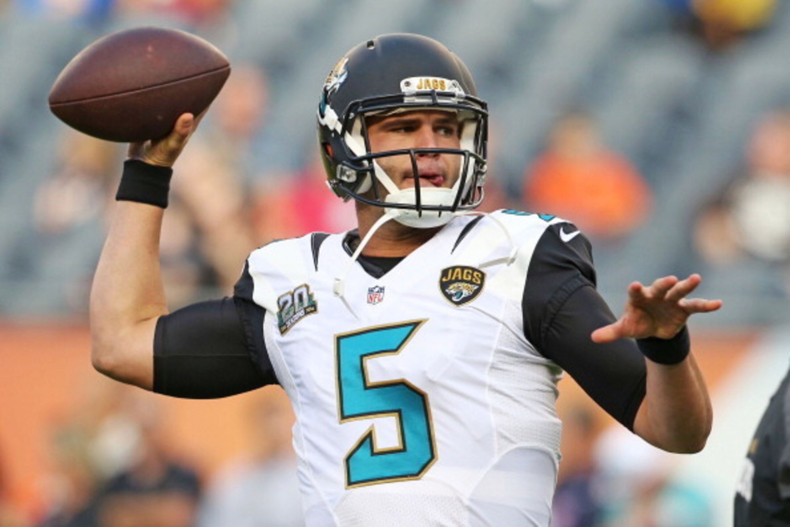 CHICAGO, IL - AUGUST 14: Blake Bortles #5 of the Jacksonville Jaguars warms up prior to a preseason game against the Chicago Bears at Soldier Field on August 14, 2014 in Chicago, Illinois. (Photo by John Konstantaras/Getty Images) CHICAGO, IL - AUGUST 14: Blake Bortles #5 of the Jacksonville Jaguars warms up prior to a preseason game against the Chicago Bears at Soldier Field on August 14, 2014 in Chicago, Illinois. (Photo by John Konstantaras/Getty Images)