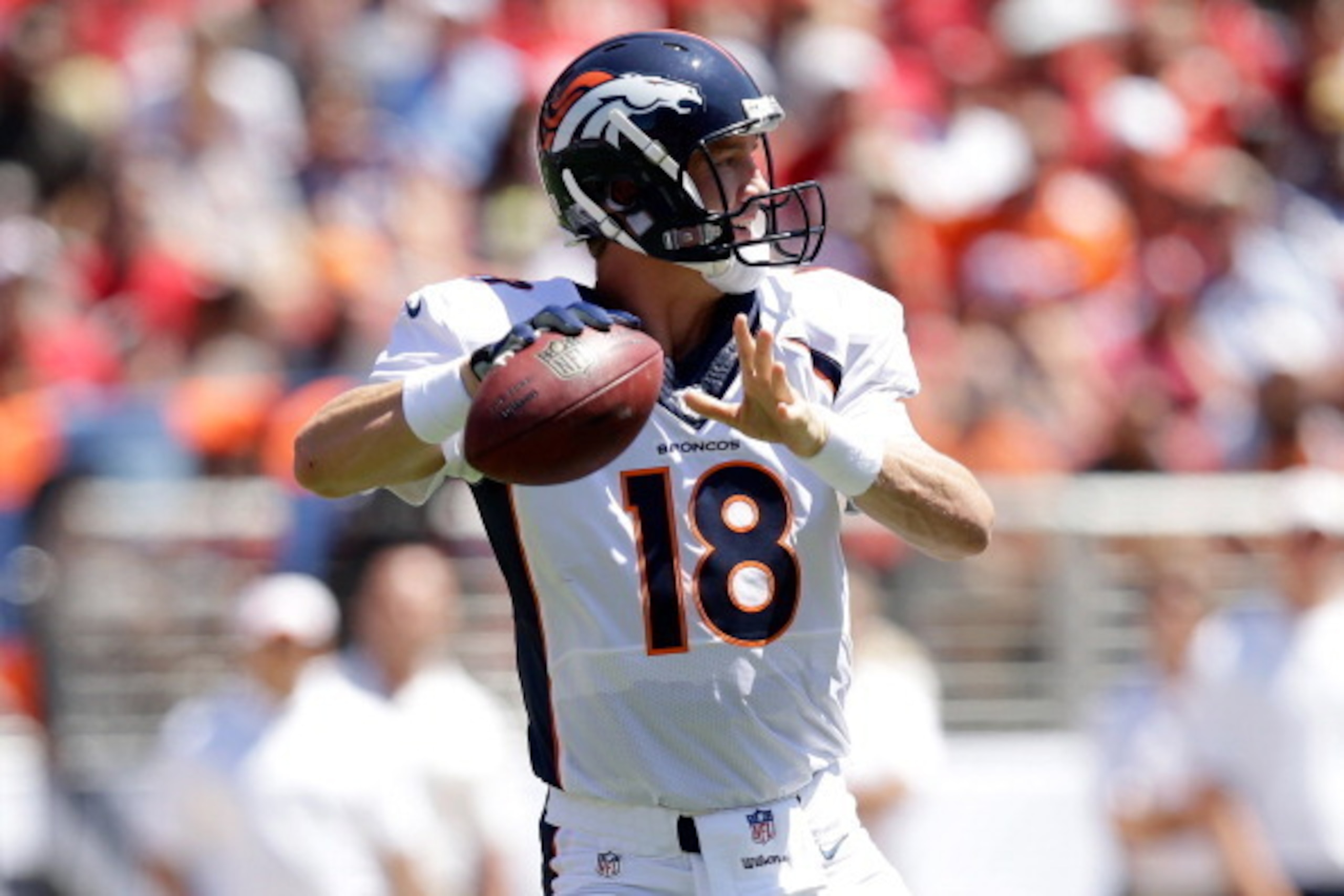 SANTA CLARA, CA - AUGUST 17: Quarterback Peyton Manning #18 of the Denver Broncos looks to pass against the San Francisco 49ers during a preseason game at Levi's Stadium on August 17, 2014 in Santa Clara, California. (Photo by Ezra Shaw/Getty Images) SANTA CLARA, CA - AUGUST 17: Quarterback Peyton Manning #18 of the Denver Broncos looks to pass against the San Francisco 49ers during a preseason game at Levi's Stadium on August 17, 2014 in Santa Clara, California. (Photo by Ezra Shaw/Getty Images)