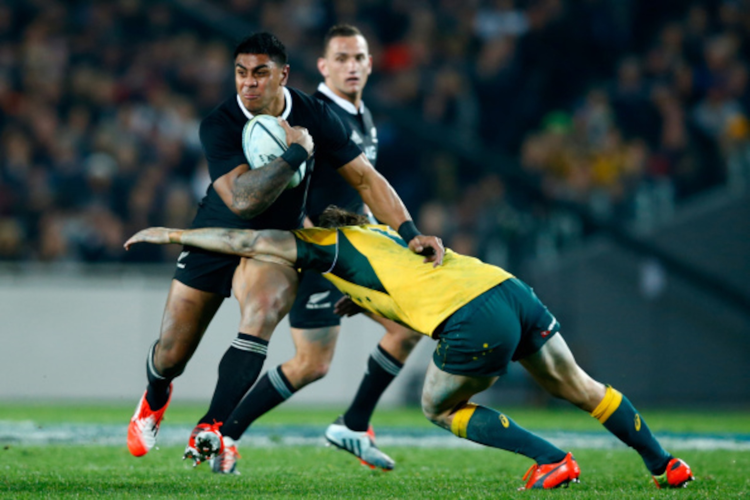 AUCKLAND, NEW ZEALAND - AUGUST 23: Malakai Fekitoa of the All Blacks is tackled during The Rugby Championship match between the New Zealand All Blacks and the Australian Wallabies at Eden Park on August 23, 2014 in Auckland, New Zealand.  (Photo by Phil W
