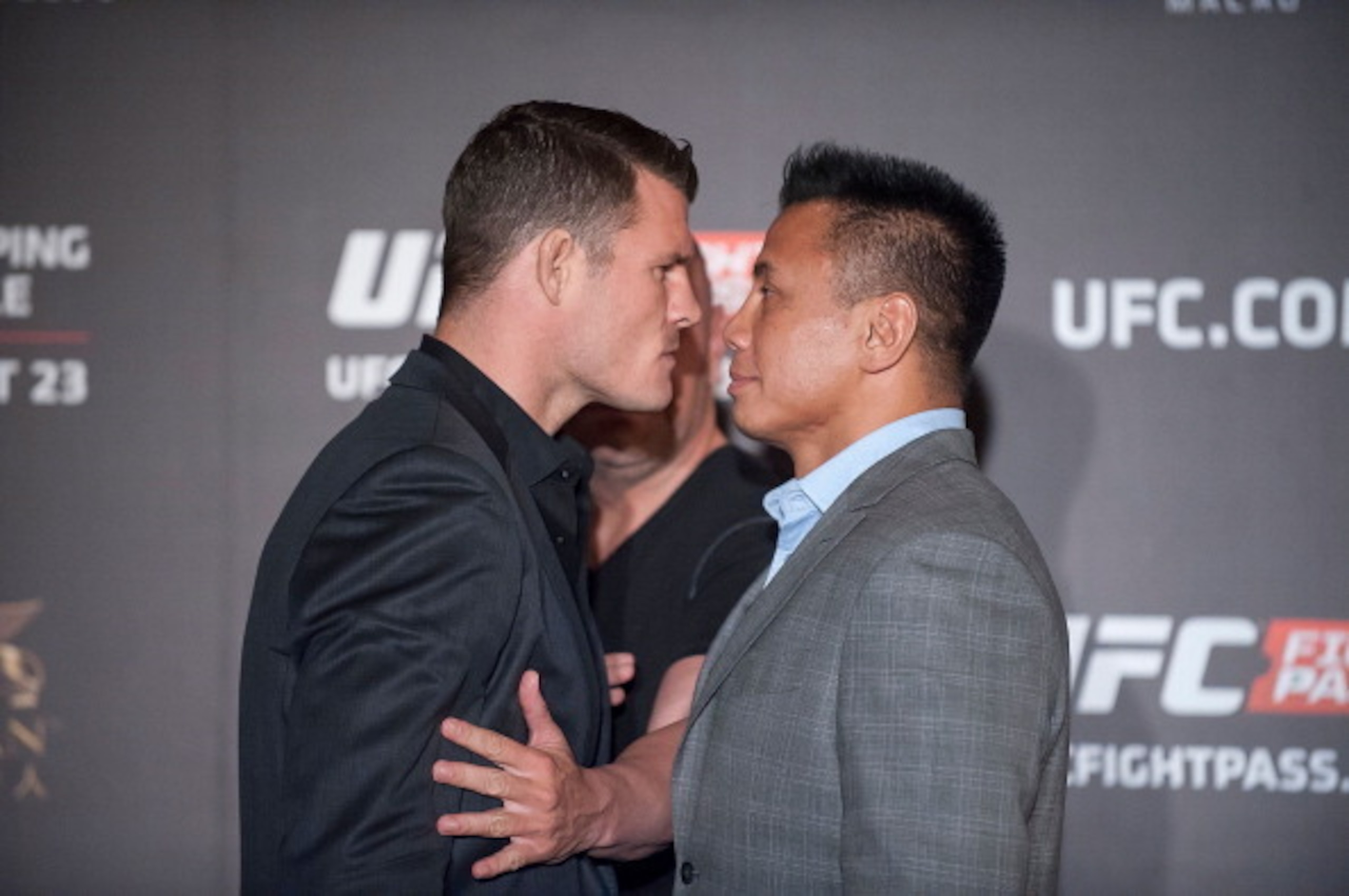 HONG KONG - AUGUST 20:  Michael Bisping and Cung Le at a face offs event during the Macao UFC Fight Night Press Conference at the Four Season Hotel on August 20, 2014 in Hong Kong.  (Photo by Anthony Kwan/Getty Images)