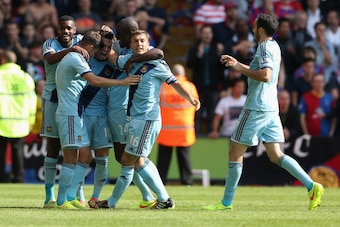LONDON, ENGLAND - AUGUST 23:  Mauro Zarate of West Ham celebrates scoring the opening goal with team mates during the Barclays Premier League match between Crystal Palace and West Ham United at Selhurst Park on August 23, 2014 in London, England.  (Photo 