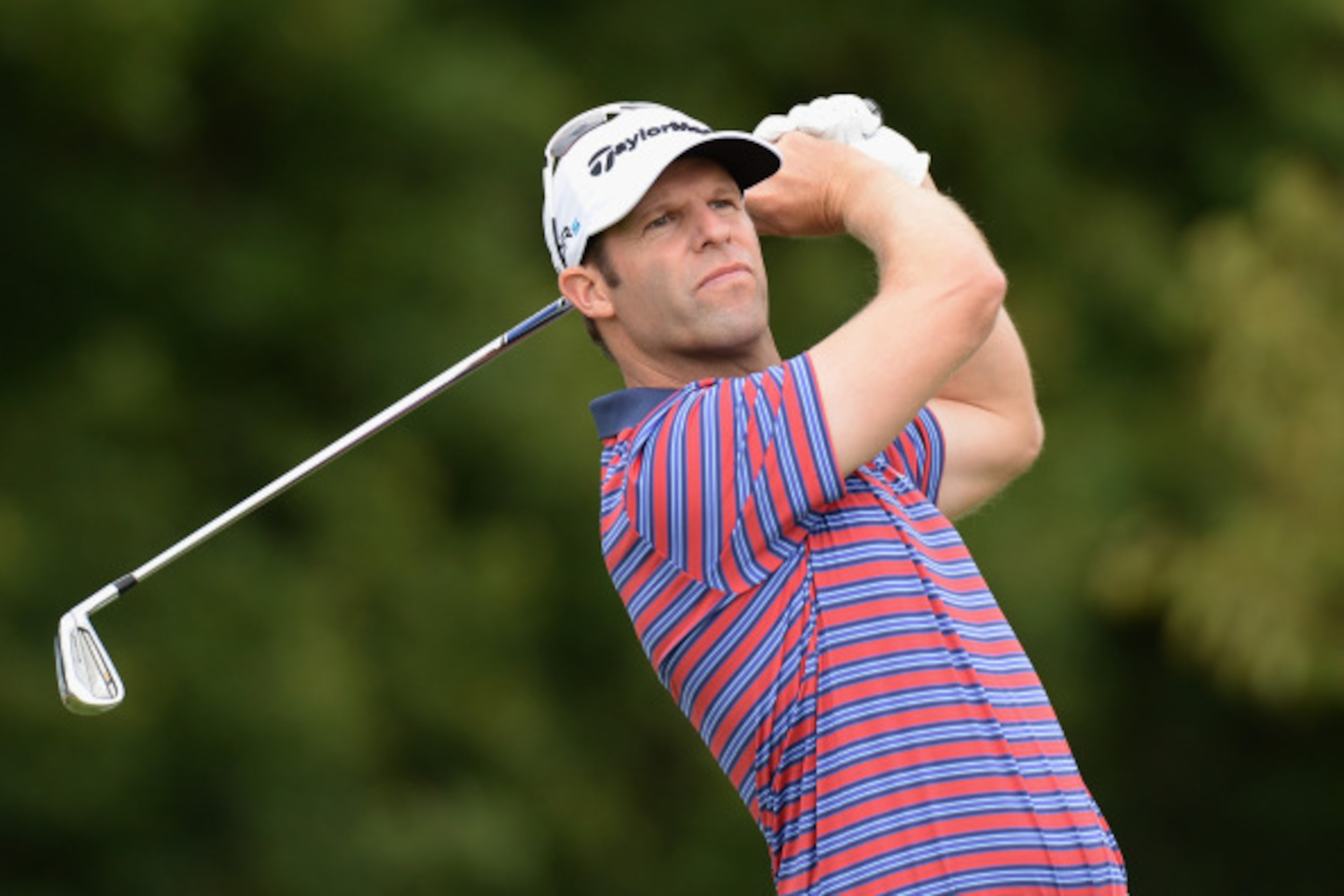 PRAGUE, CZECH REPUBLIC - AUGUST 23:  Bradley Dredge of Wales plays his first shot on the 3rd tee during day three of D+D REAL Czech Masters at Albatross Golf Resort on August 23, 2014 in Prague, Czech Republic.  (Photo by Tony Marshall/Getty Images)