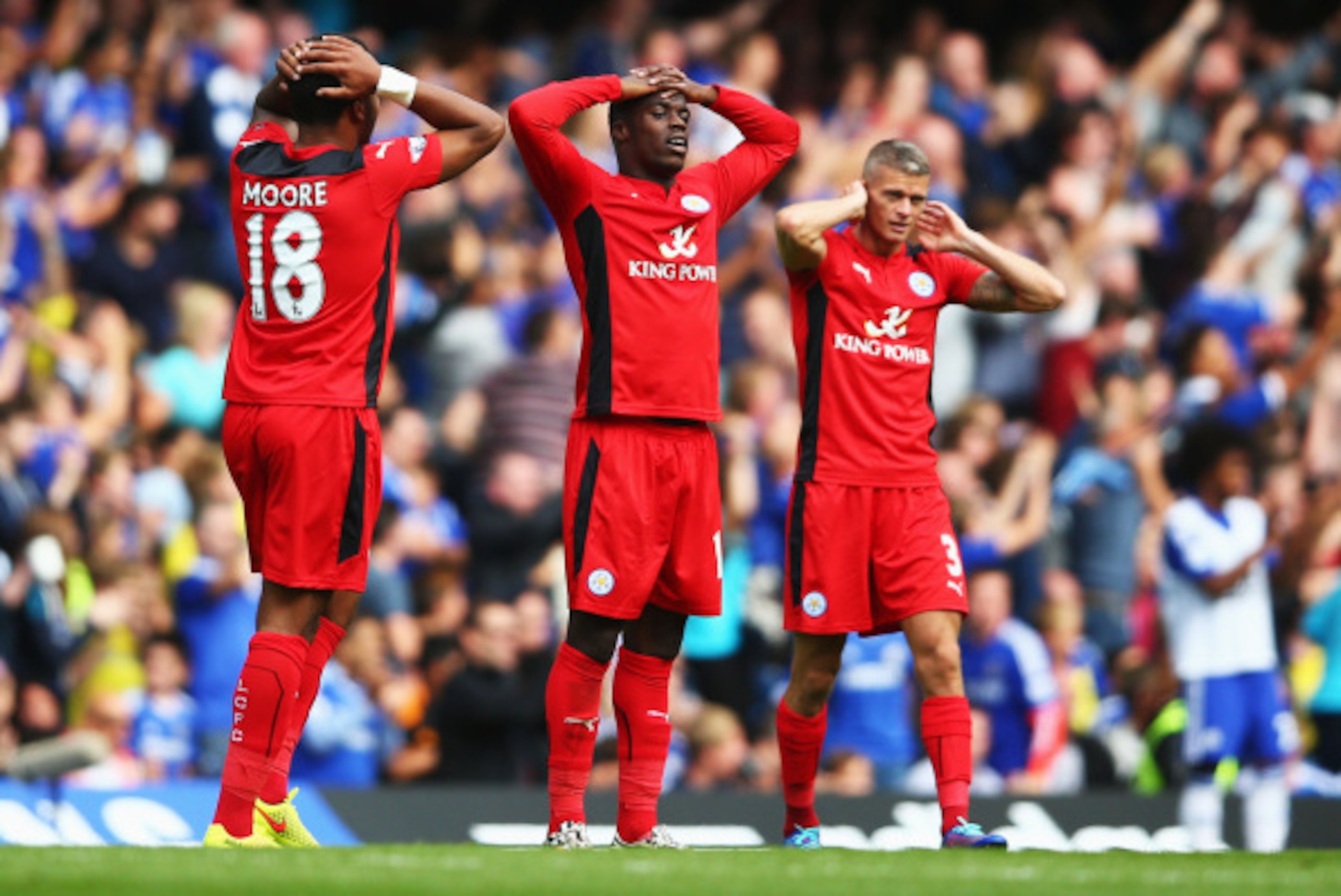 LONDON, ENGLAND - AUGUST 23: Jeffrey Schlupp (C) of Leicester City reacts with team mates after seeing David Nugent of Leicester City miss from close range during the Barclays Premier League match between Chelsea and Leicester City at Stamford Bridge on A LONDON, ENGLAND - AUGUST 23: Jeffrey Schlupp (C) of Leicester City reacts with team mates after seeing David Nugent of Leicester City miss from close range during the Barclays Premier League match between Chelsea and Leicester City at Stamford Bridge on A