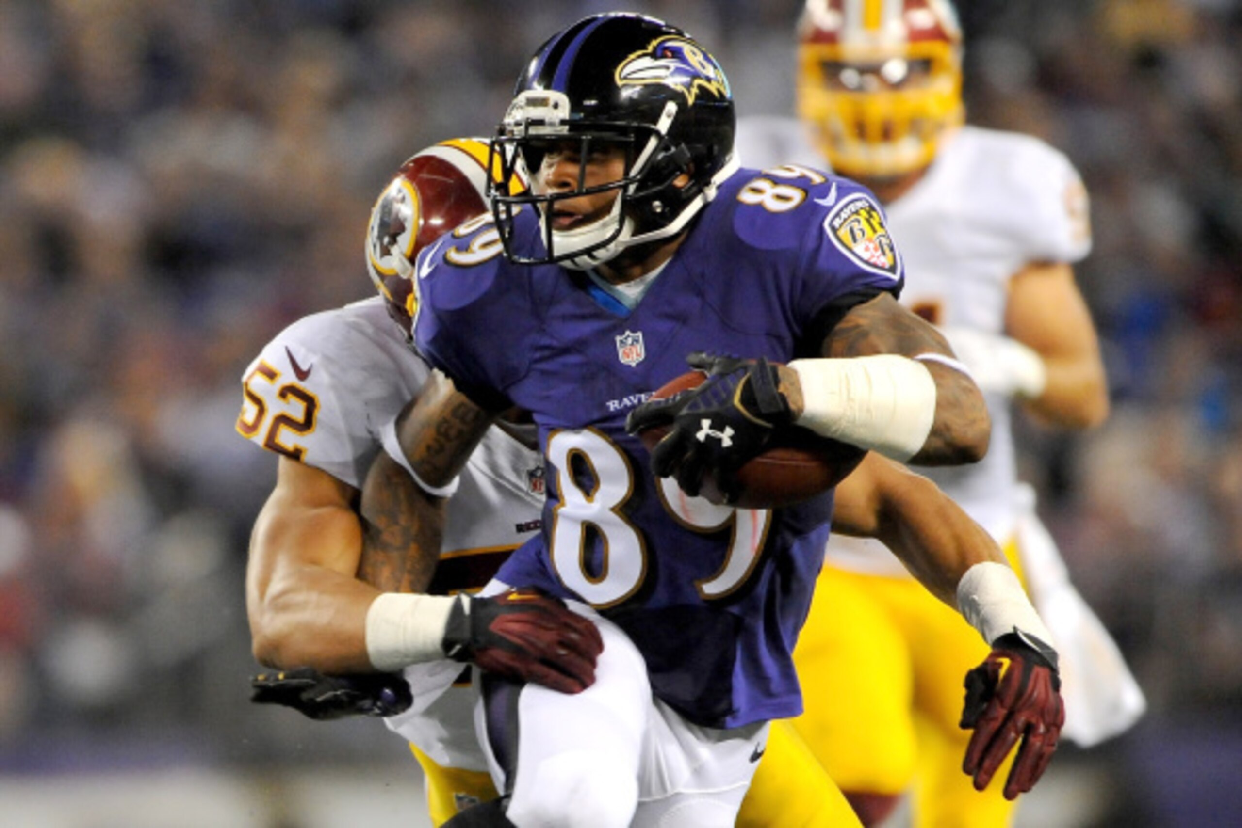 BALTIMORE, MD - AUGUST 23:  Wide receiver Steve Smith #89 of the Baltimore Ravens runs with the ball during a preseason game against the Washington Redskins at M&T Bank Stadium on August 23, 2014 in Baltimore, Maryland.  (Photo by Larry French/Getty Image