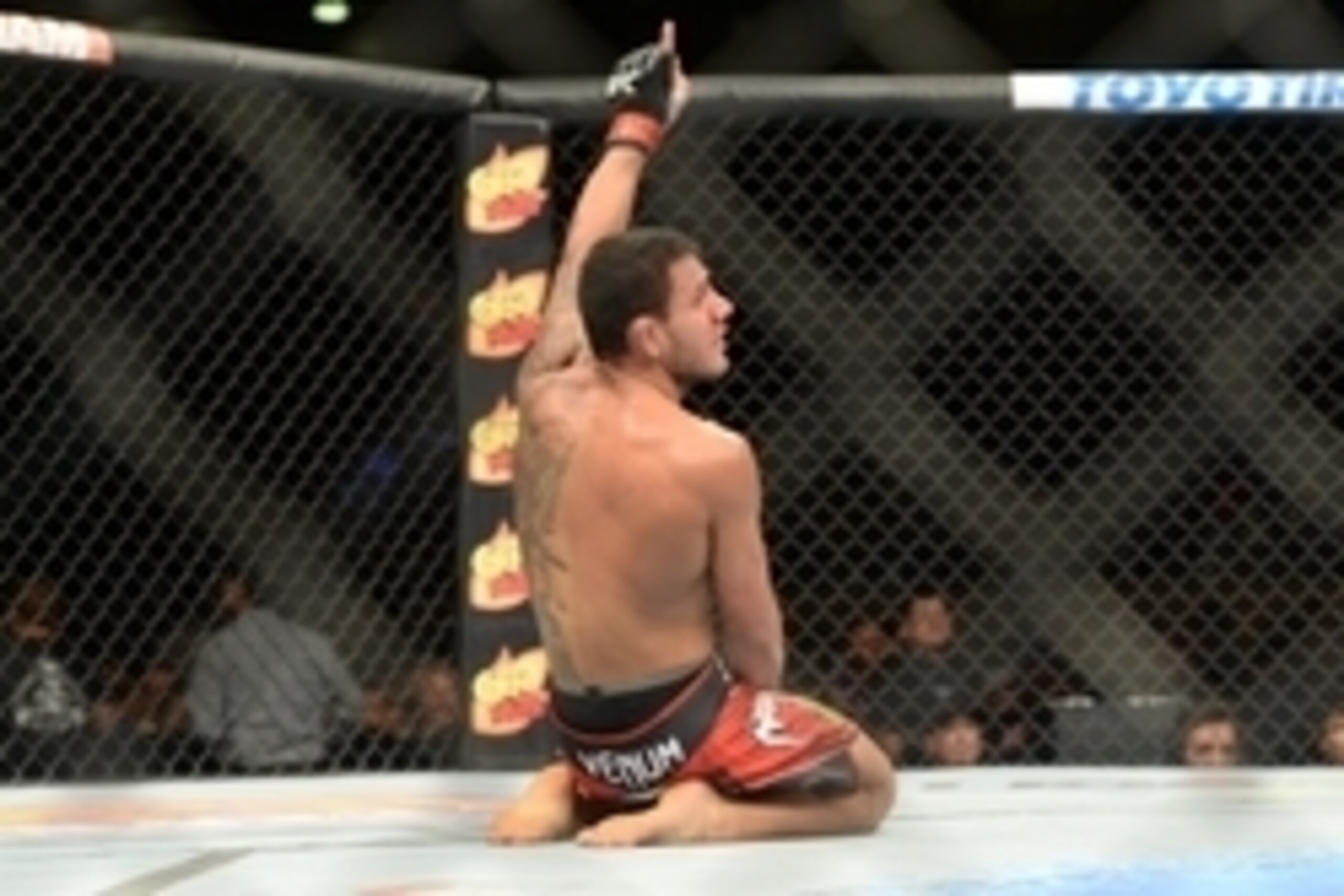 Jun 7, 2014; Albuquerque, NM, USA; Rafael Dos Anjos (red) celebrates his victory over Jason High (blue) after their lightweight bout during UFC Fight Night 42 at Tingley Coliseum. Dos Anjos won via second round stoppage. Mandatory Credit: Joe Camporeale-U
