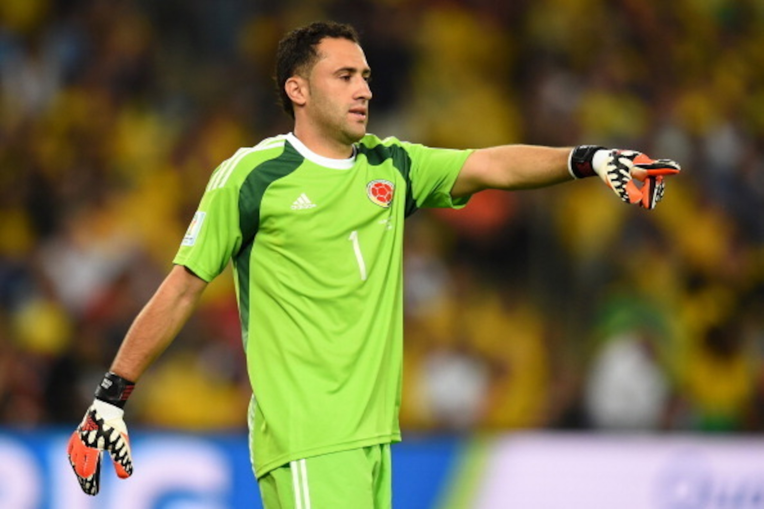 RIO DE JANEIRO, BRAZIL - JUNE 28: David Ospina of Colombia gestures during the 2014 FIFA World Cup Brazil round of 16 match between Colombia and Uruguay at Maracana on June 28, 2014 in Rio de Janeiro, Brazil.  (Photo by Matthias Hangst/Getty Images)