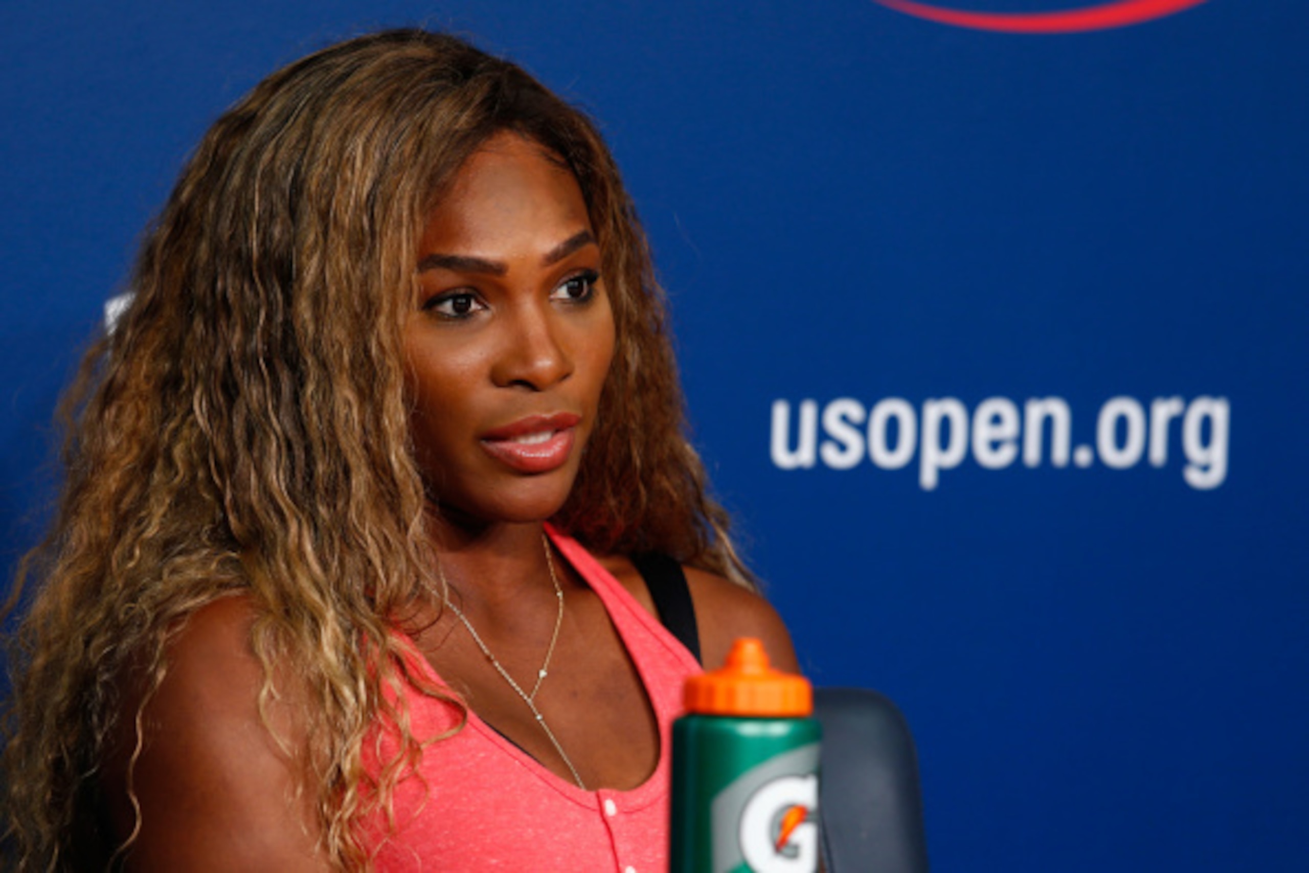 NEW YORK, NY - AUGUST 23:  Serena Williams of USA talks to the media during previews for the US Open tennis at USTA Billie Jean King National Tennis Center on August 23, 2014 in New York City.  (Photo by Julian Finney/Getty Images)